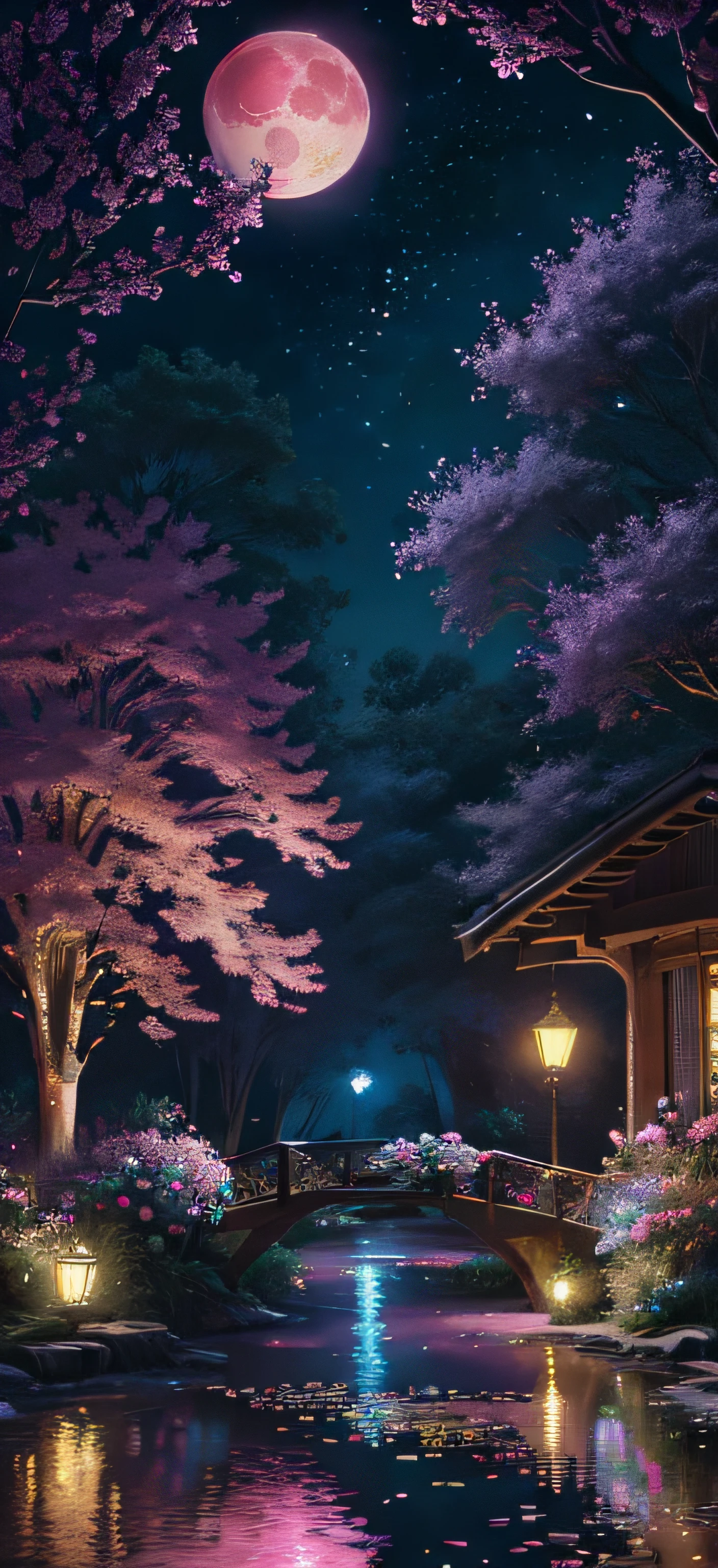 paint (strokes)+, atmosphere, nature scenery, aspect ratio 1:1, raytracing, Bokeh, smooth, (colorful), (detailed complex busy background: 0.8), fantasy flowers, (night:1.4), intricate details, beautiful glitters, flat illustration, detail love, (ultra-detailed), photon mapping, ((intricate details)), (big pink moon)