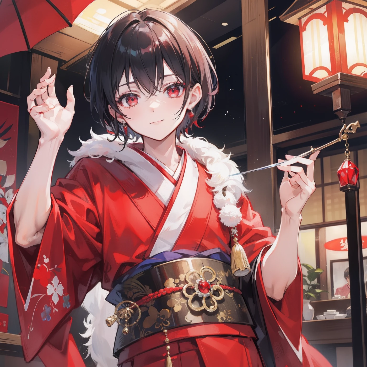 Man with round crystal, Very short hair, Glass Eye,Red kimono, a smile