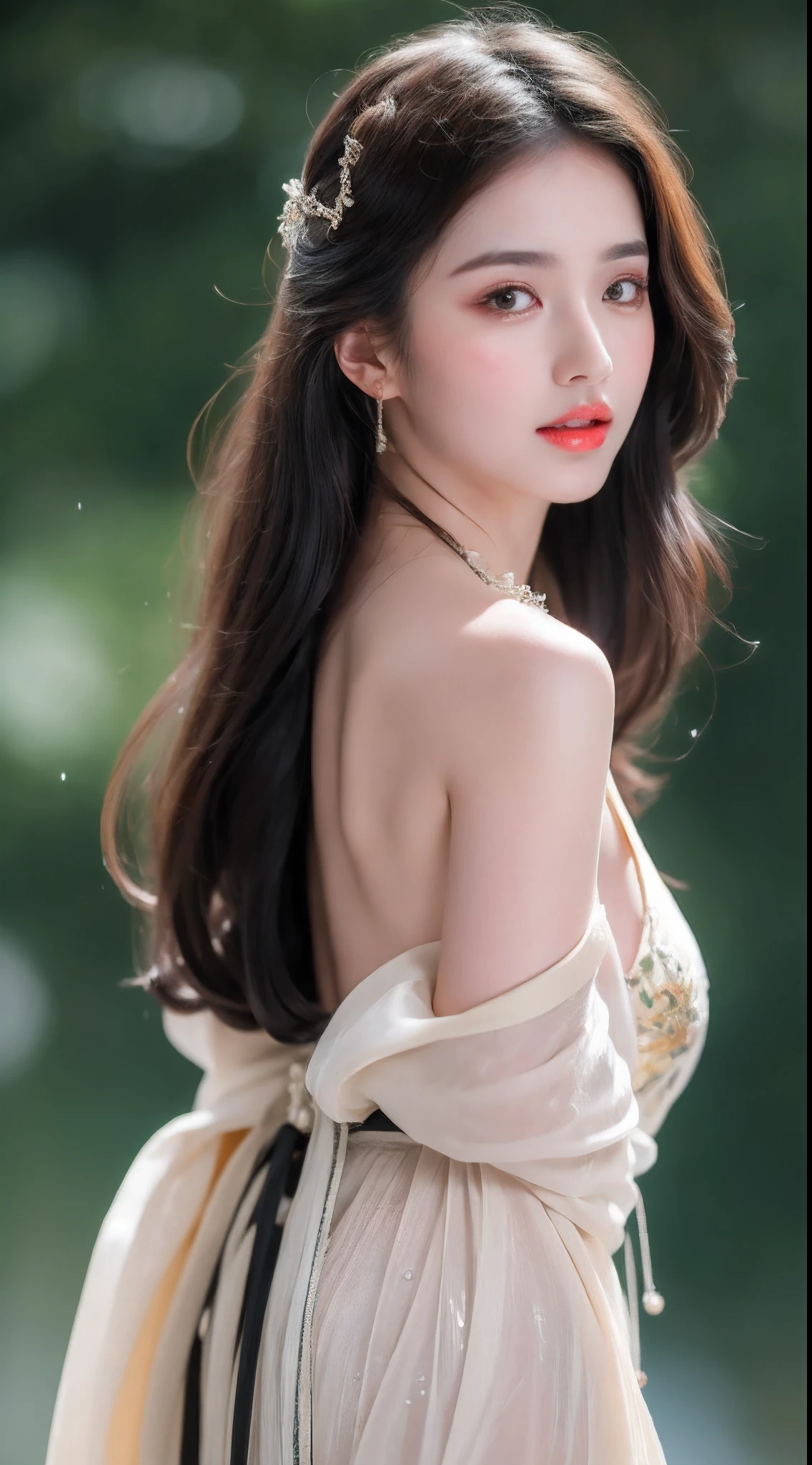 ((Best Quality, 8k, Masterpiece: 1.3)), Focus: 1.2, Perfect Body Beauty: 1.4, Buttocks: 1.2, ((Layered Haircut)), (Wet Clothes: 1.1), (Rain, Street:1.3), (Breasts: 1.2), (Hanfu: 1.2), Bare Shoulders, Bare Legs, Highly Detailed Face and Skin Texture, Fine Eyes, Double Eyelids, Whitened Skin, Long Hair, (Shut Up: 1.5), (Bokeh Background: 1.5), Big Breasts