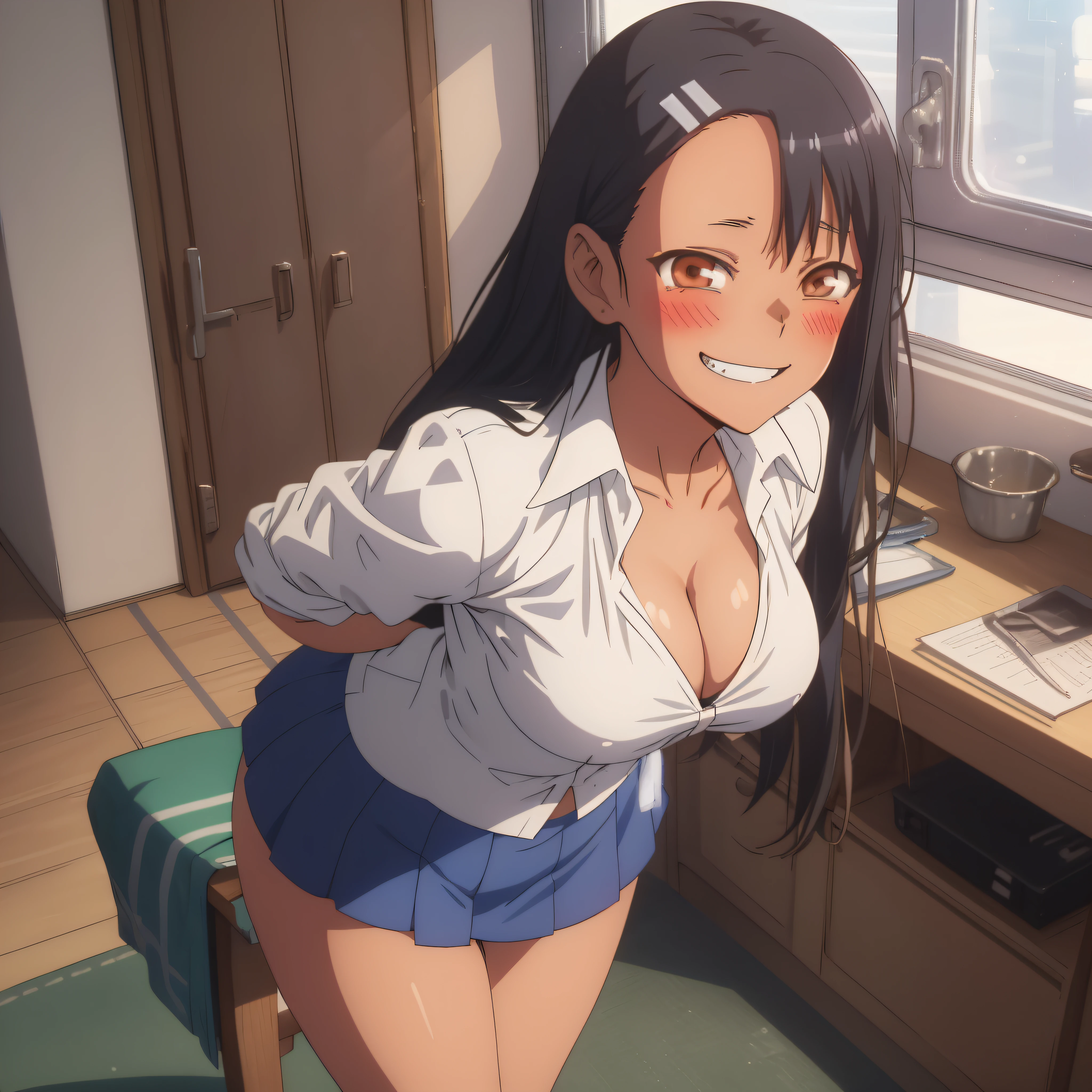 nagatoro hayase, blue mini skirt, cleavage, thick legs, perfectly detailed hands, Extremely detailed eyes, small breasts, (from below:1.2), bent over, grin, blush, best quality, masterpiece, perfect lighting, arms behind back, big ass, back view, face, super sexy,