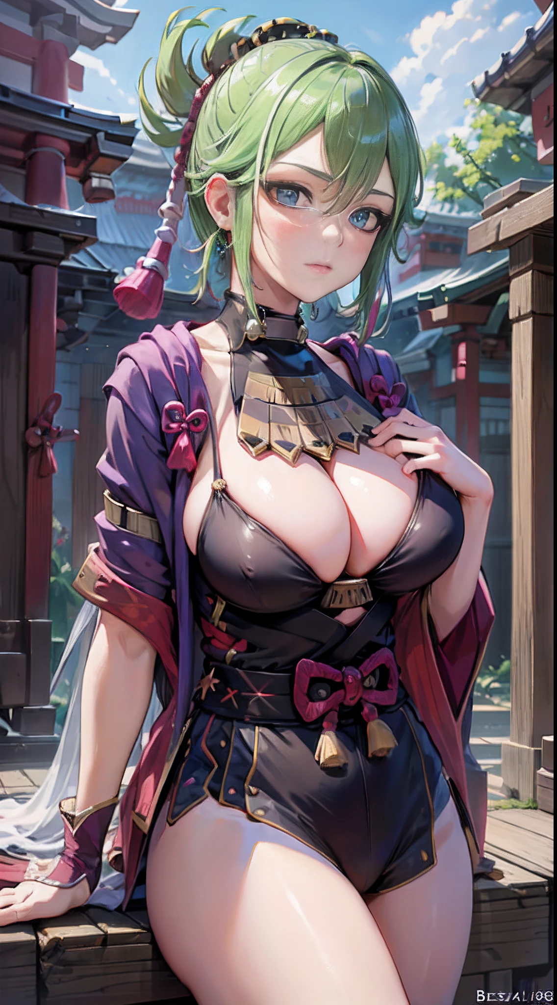 (NSTDA.:1.2), (10, beste-Qualit, master-piece: 1.4), ultra-high resolution, (lifelike, photorealistic portrait: 1.48), 30 years old, A Beautiful Girl, Tall, gigantic breasts, Famous Japanese actors, Blue Eyes, Head tilt, cowboy shot, from the front, looking at the audience, Sliced thinly., Beautiful lake, Zeiss 150mm F/ 2.8 Hasselblad, In Japanese shrines, Whole body, foot, Ultra-Wide Angle