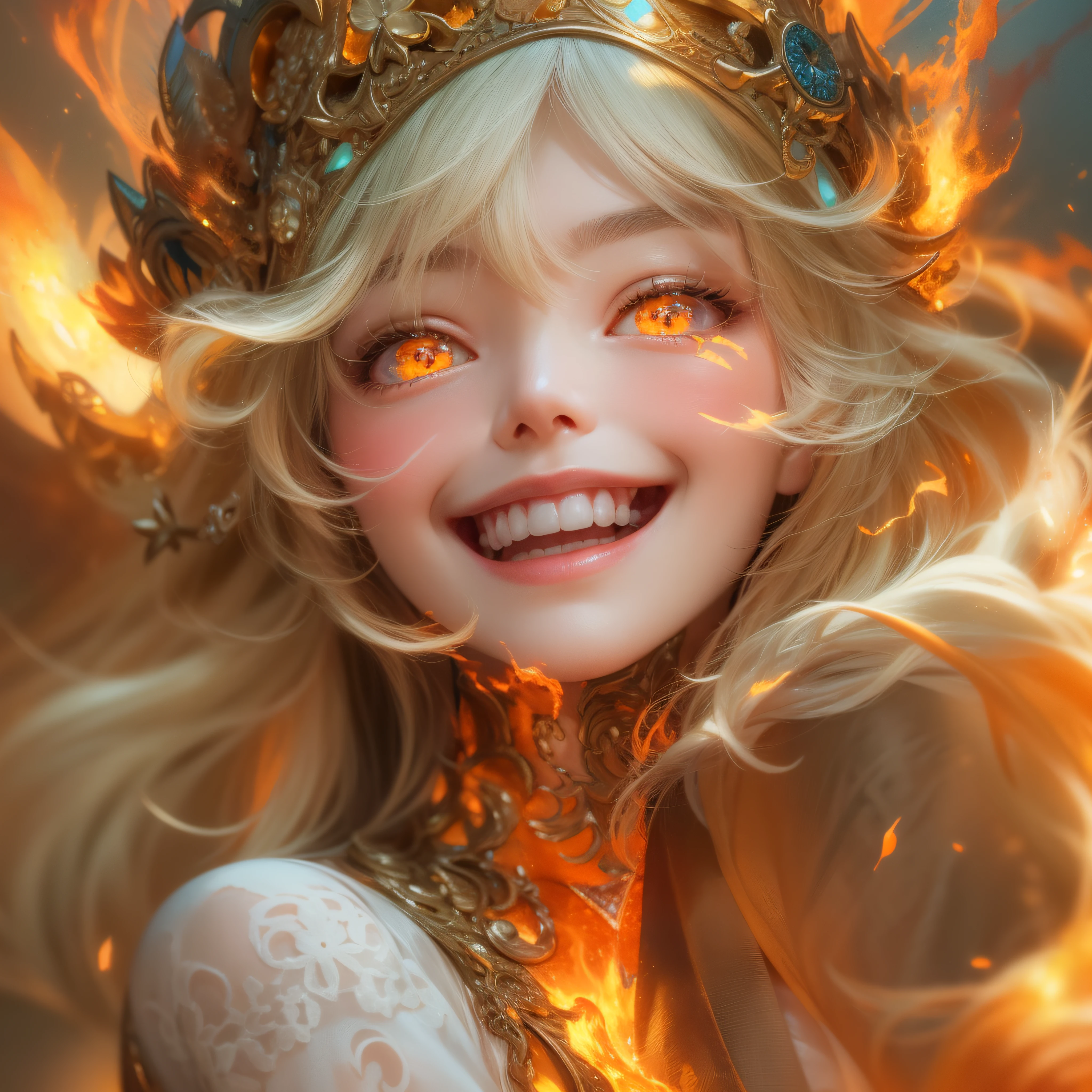 Close up of flame smile with open mouth、(realisitic、hight resolution)、(1 girl in)、Do-Up Eye、Korean Girl、(Best Quality), (masutepiece), (1girl in), Solo, a beauty girl, Perfect face, Big Breast,dreamlikeart、Highly detailed airbrush art((Surreal))、Volumetric lighting、(top-quality)、The ultra-detailliert、(The composition of the movement:1.4)、Highly detailed colorful details、(Bright lighting)、dynamic compositions、Ray traching、The mirror reflects light、Shallow depth of field、ultra-detailliert、mixing  exposure、nffsw、Her eyes shine flames、Staring at the fiery sea。Her flame-colored face is、Full of adventure anticipation and courage.、A smile appears on her flame-colored lips。 At the rear、The sun is slowly tilting to the west。Its light brings a flame-colored light to the surface of the sea、The swaying waves create a beautiful scene。Her eyes are clearly glowing with flames。Lots of flame colors