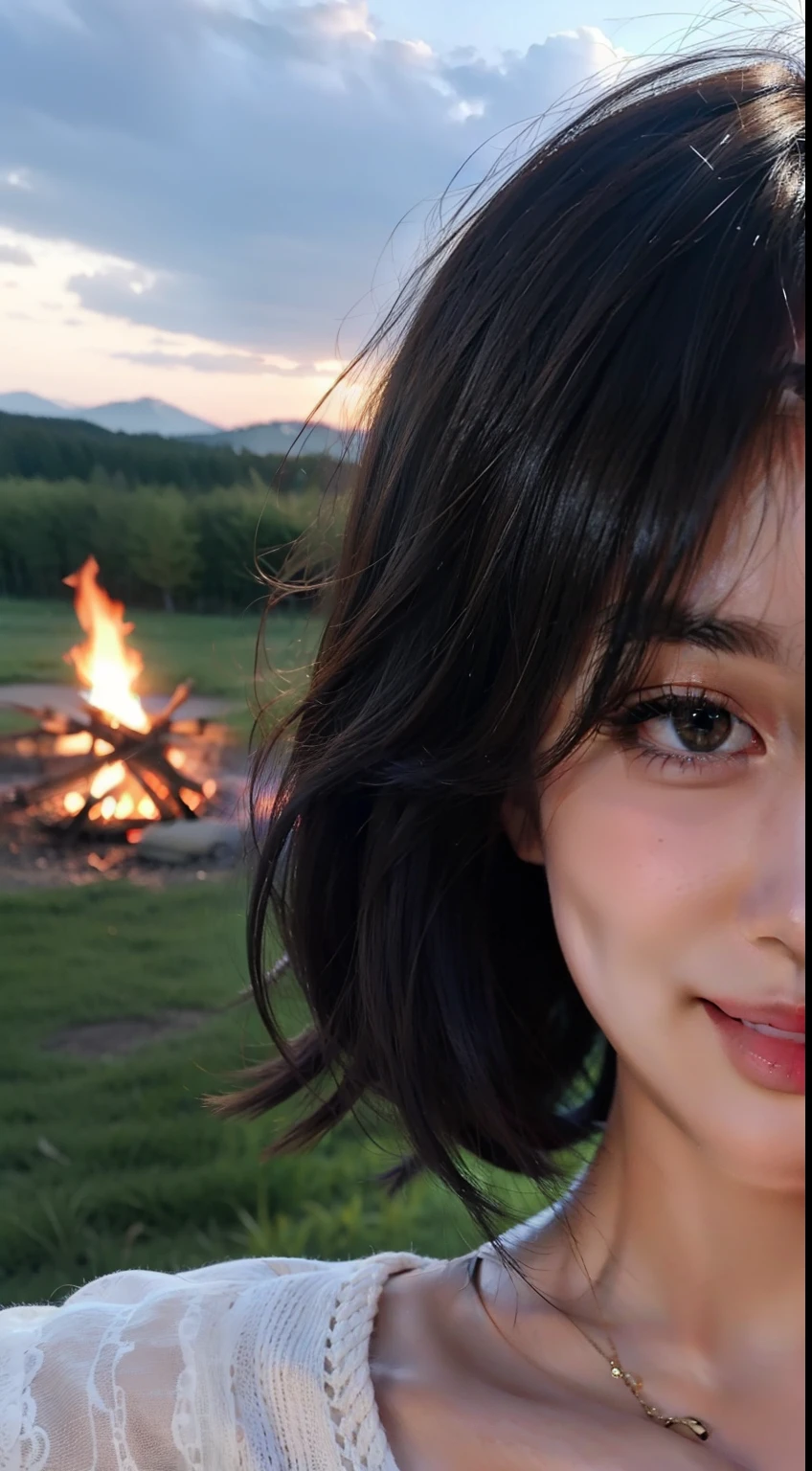 top-quality、Beautuful Women、high-level image quality、Beautie、kawaii、realisitic、bobhair、brawn hair、camp、(nigh sky)、a smile、(bonfire)、1人、