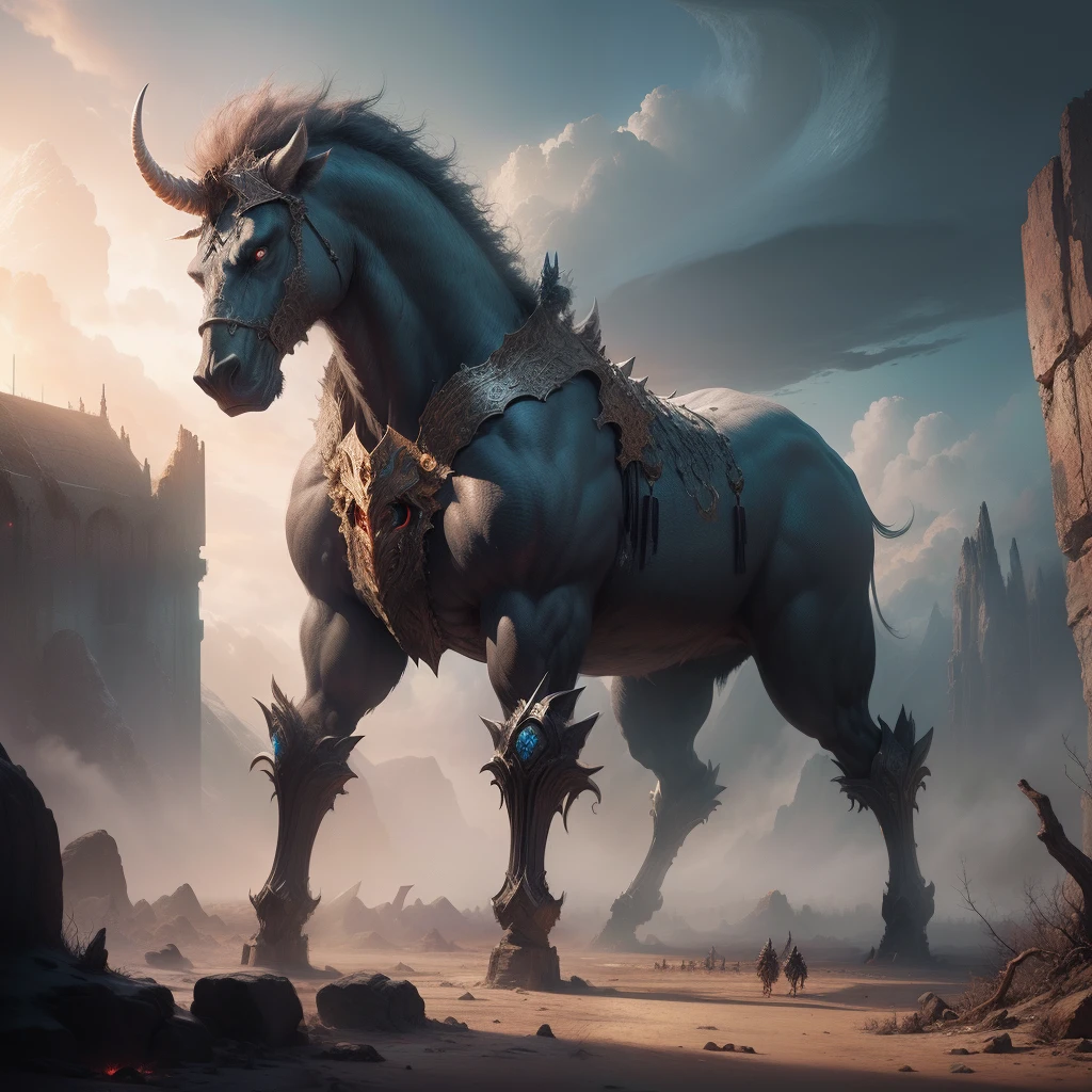 An epic digital artwork depicting the mythological entities of Gog and Magog, (horrid, fearsome, Ancient, immensity, Mythical), Created using advanced CGI technology, Showcase their immense scale and intimidating presence in a post-apocalyptic landscape