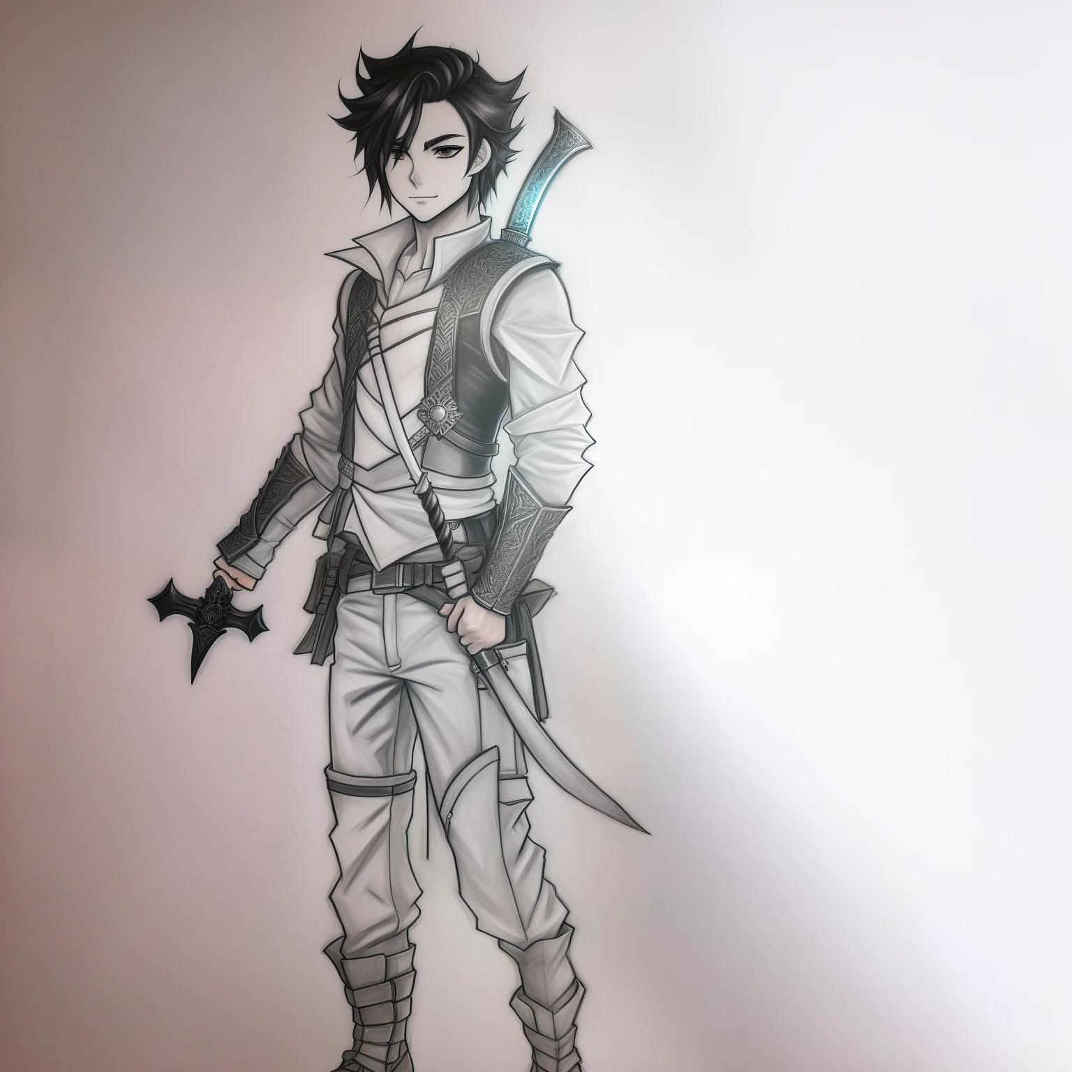 Draw a boy with a sword behind his back, Full body portrait of black pants!, Full body character drawing, !!Full body portrait!!, Inspired by Frederico, full-body portraits, full body drawing