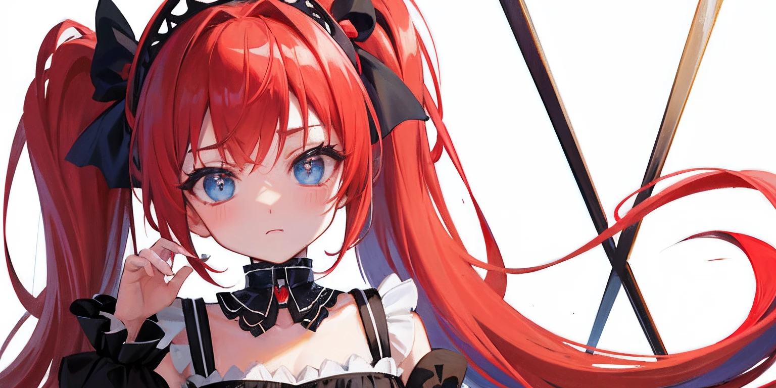 Red hair, Blue eyes, twintails, Goth ta, Darkgoth, Collar,Crown tiara,pride,solo,lolig hair,{{best quality}}, {{masterpiece}}, {{ultra-detailed}}, {illustration}, {detailed light}, {an extremely delicate and beautiful},little g