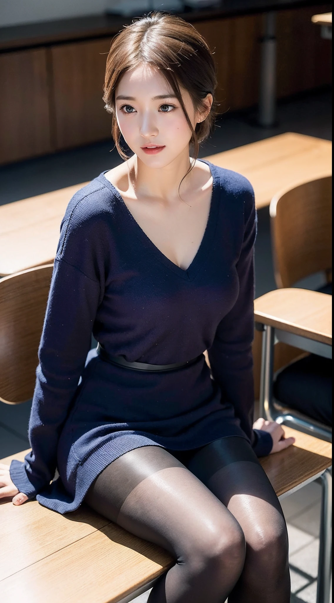 face is :9,503917907], Real 19-year-old college girl from upper class、Wearing a knitted dress、sideways Facing、profile、Sitting at a desk in class、 (Wearing pantyhose、Very realistic pantyhose)、thighs thighs thighs thighs、165 cm tall, Japanese Models, Short Layer Hair、japanaese girl, Neat and clean Japan woman, A smile、Smile、goddess of Japan, Innocence、Realistic Pantyhose、Raw photo, (8K、top-quality、​masterpiece:1.2)、(intricate detailes:1.4)、(Photorealsitic:1.4)、octane renderings、Complex 3D rendering ultra detail, studio lights, Rim Lights, vibrant detail, super detailing, Realistic Pantyhose、realistic skin textures, Detail Face, Beautiful detail eyes, Very detailed CG Unity 16k wallpaper, make - up, (detailedbackground:1.2), shinny skin、turned around、Exposed thighs!!!