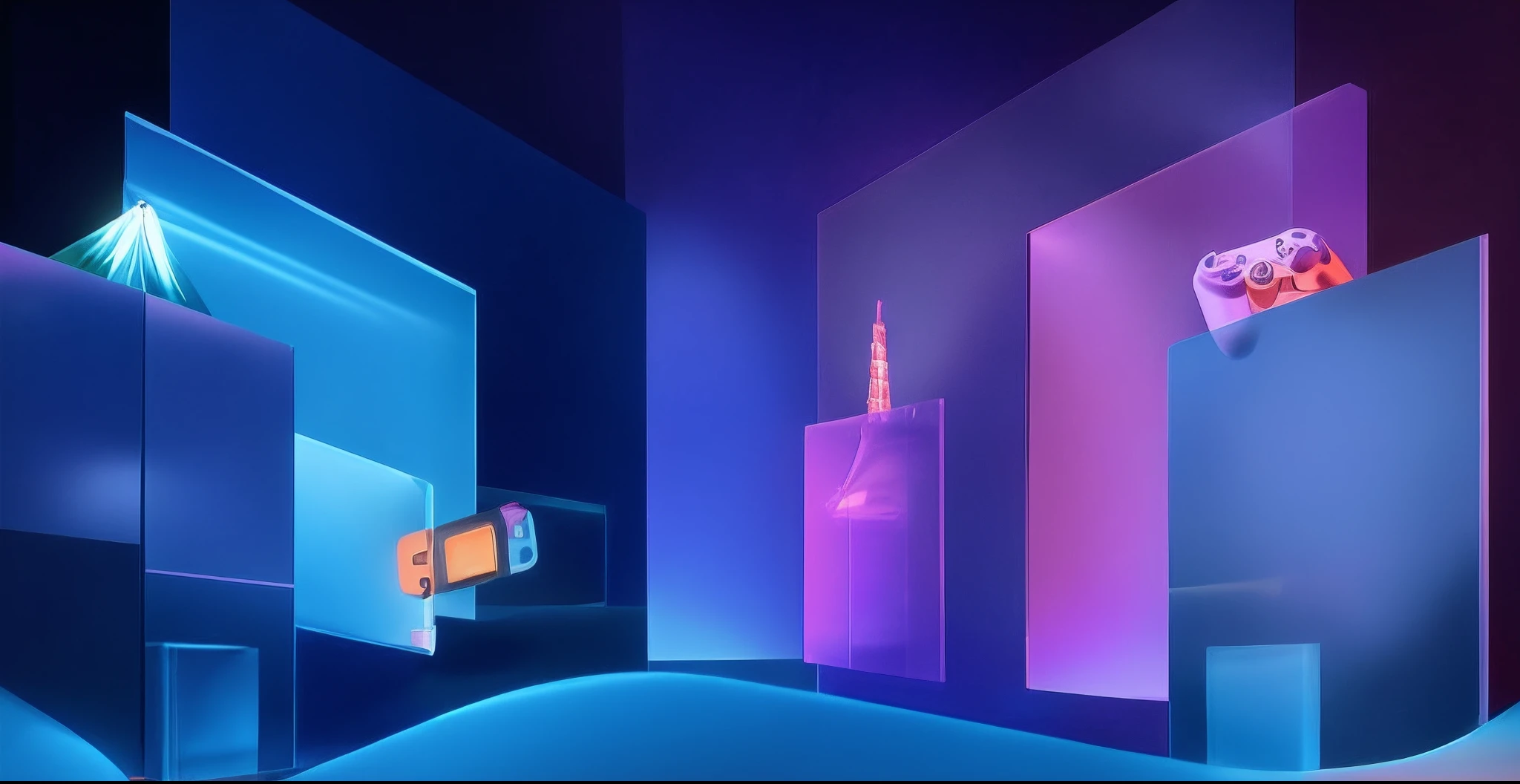 There are a lot of pieces of glass of different colors in this room, Clean edges，Glass texture，Matte matte texture，neonlight，vaporwave lighting, glowing blue interior components, virtual metaverse room, brightly lit blue room, purpleish color，Orange colors，3D, Tokyo Tower，Mt fuji，gaming console，PSP，cinema 4d colorful render，C4D