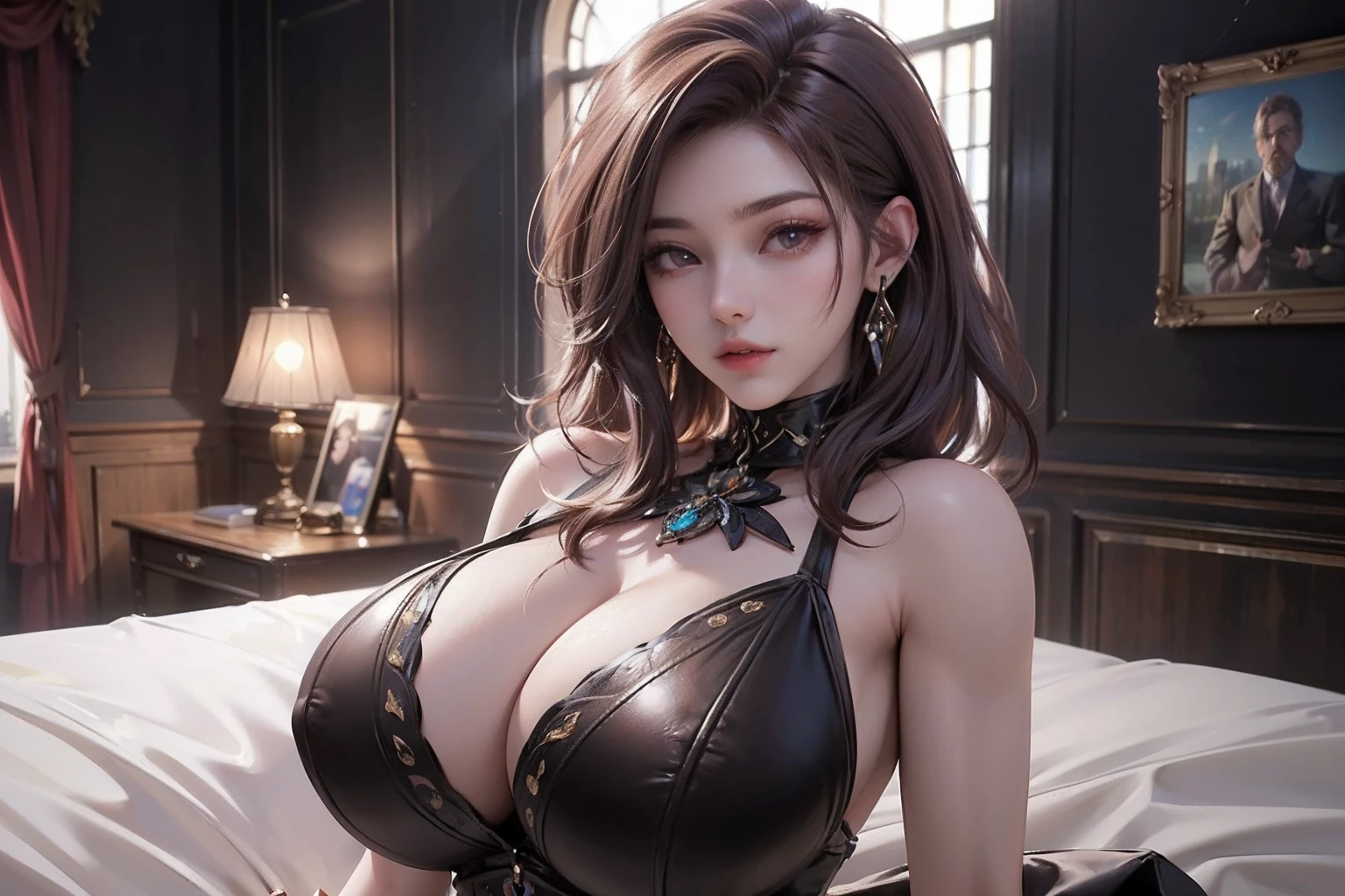 ((Realistic light, Best quality, 8k, Masterpiece :1.3)), Selfie, 1girl, Pretty woman with perfect figure :1.4, abs :1.1, (Brown hair, Huge breasts :1.5), arabic dress :1.2, Bed, Ultra-detailed face, Detailed eyes, Double eyelid, perfect hands perfect fingers perfect breasts perfect hair perfect face perfect body