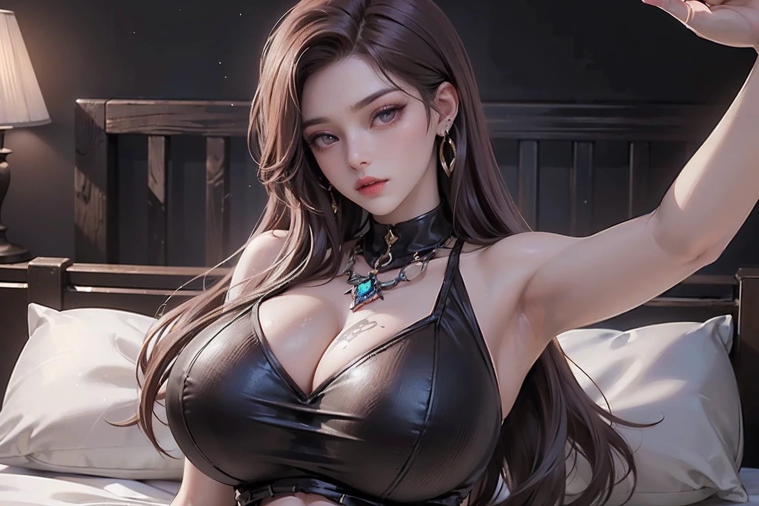 ((Realistic light, Best quality, 8k, Masterpiece :1.3)), Selfie, 1girl, Pretty woman with perfect figure :1.4, abs :1.1, (Brown hair,  :1.5), arabic dress :1.2, Bed, Ultra-detailed face, Detailed eyes, Double eyelid, perfect hands perfect fingers perfect  perfect hair perfect face perfect body