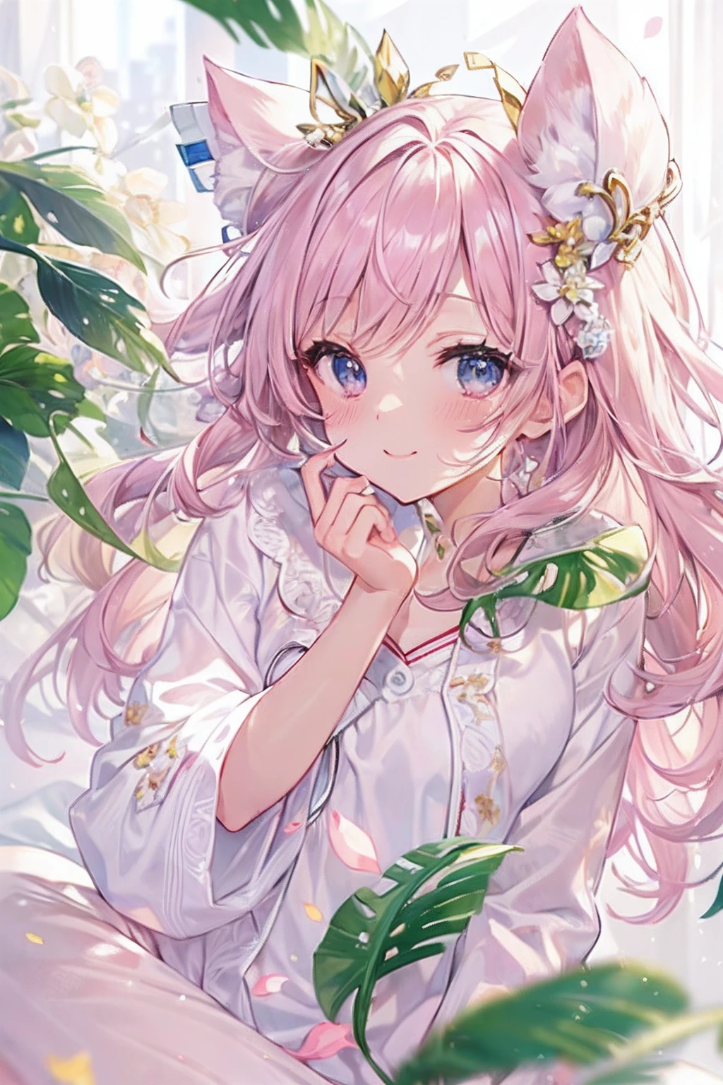 (((​masterpiece)))、(((top-quality)))、((ultra-detailliert))、(illustratio)、((extremely delicate and beautiful))、Bright smile、floating、(Detailed light) 、The long-haired、The wind is blowing、A WORLD、（cute eye）、Crystal clear white skin、Functional、full body Esbian、Junior high school student、14years、(Hair color is shiny light pink)、Cute Summer Pajamas、On a beautiful cute bed、Have a good morning kiss、While sleeping、Embarrassing