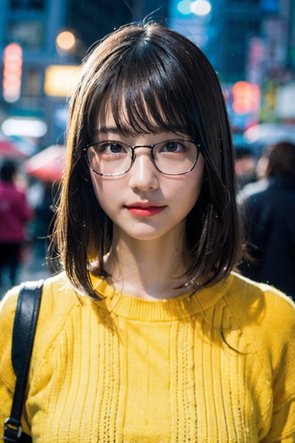 (8K、Raw photography、top-quality、masterpiece:1.2)、(realisitic、Photorealsitic:1.37)、ultra-detailliert、超A high resolution、1人、see the beholder、beautifull detailed face、A smile、Constriction、(Slim waist) :1.3)、Yellow-green summer clothes、Beautiful detailed skin、Skin Texture、Floating hair、Professional Lighting、In the rainy city、Hair, clothes or skin are wet from rain、Black square glasses 、Whole human body、Brown hair