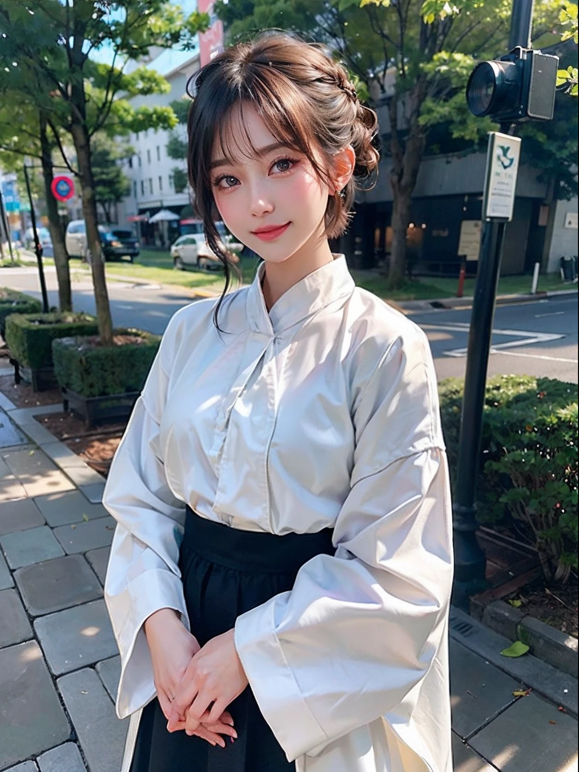 (Raw photography:1.2)、top-quality、a beautiful detailed girl、A smile、short-haired、extremely detailed eye and face、beatiful detailed eyes、huge filesize、hight resolution、8k wallpaper、finely detail、Highly detailed ticker uniform 8K wallpaper、Light on the Face、电影灯光、16-year-old girl、Cute poses、(photorealisim:1.4)、Human、super detailing、having clothes are worn、Ready Style、Hirahira、Long clothes、hiding the chest、Date Clothes、large full breasts