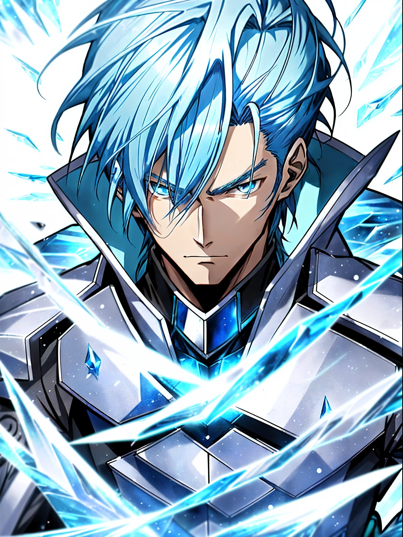 Anime characters with blue hair and blue eyes in snowy scenes, Ice Mage,  Tall anime guy with blue eyes, freezing blue skin, Key anime art, Kazuto Okada。, male anime character, Ice crystal armor, Detailed key anime art, full portrait of magical knight, blue and ice silver color armor, with ice powers