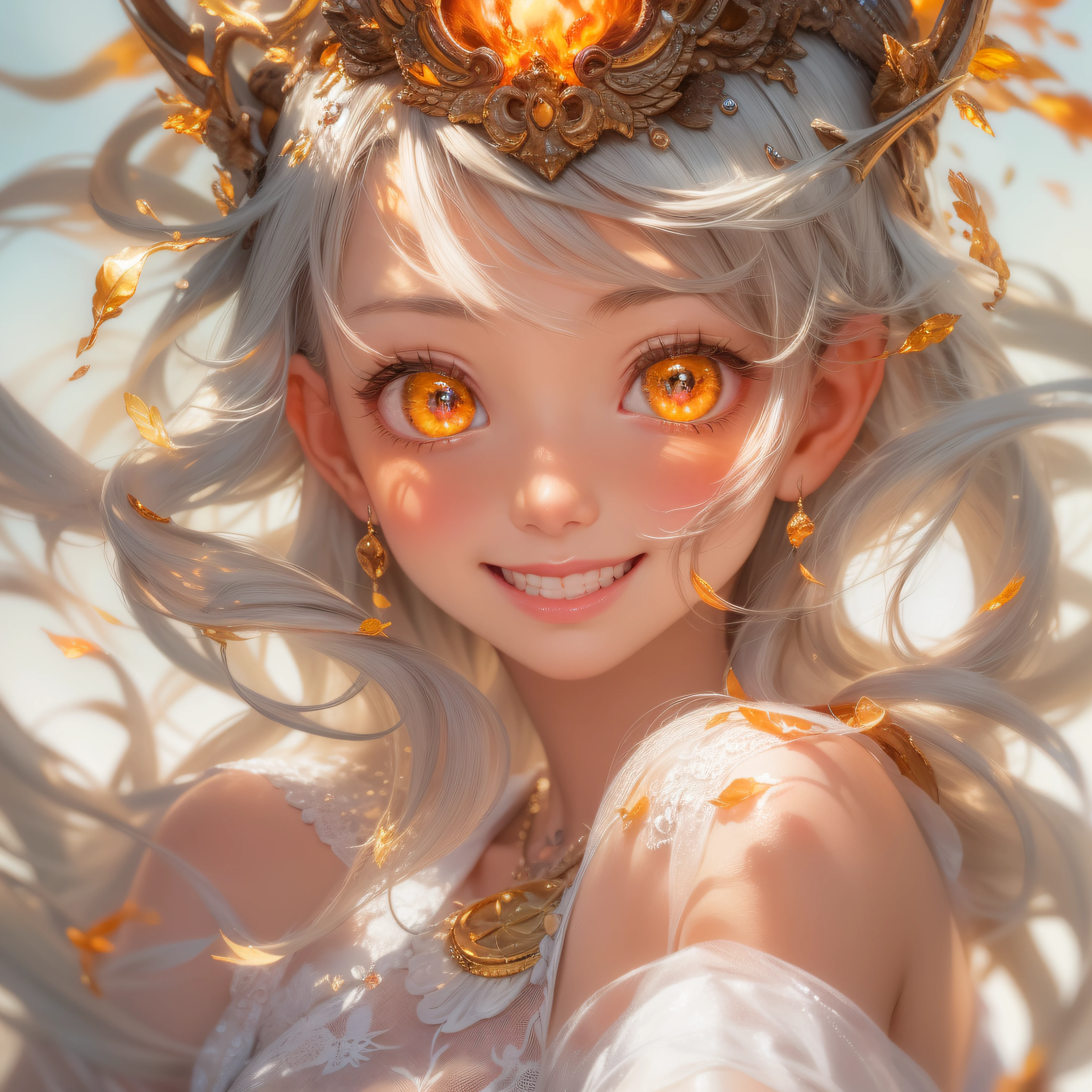 Close up of flame smile with open mouth、(realisitic、hight resolution)、(1 girl in)、Do-Up Eye、Korean Girl、(Best Quality), (masutepiece), (1girl in), Solo, a beauty girl, Perfect face, Big Breast,dreamlikeart、Highly detailed airbrush art((Surreal))、Volumetric lighting、(top-quality)、The ultra-detailliert、(The composition of the movement:1.4)、Highly detailed colorful details、(Bright lighting)、dynamic compositions、Ray traching、The mirror reflects light、Shallow depth of field、ultra-detailliert、mixing  exposure、nffsw、Her eyes shine flames、Staring at the fiery sea。Her flame-colored face is、Full of adventure anticipation and courage.、A smile appears on her flame-colored lips。 At the rear、The sun is slowly tilting to the west。Its light brings a flame-colored light to the surface of the sea、The swaying waves create a beautiful scene。Her eyes are clearly glowing with flames。Lots of flame colors