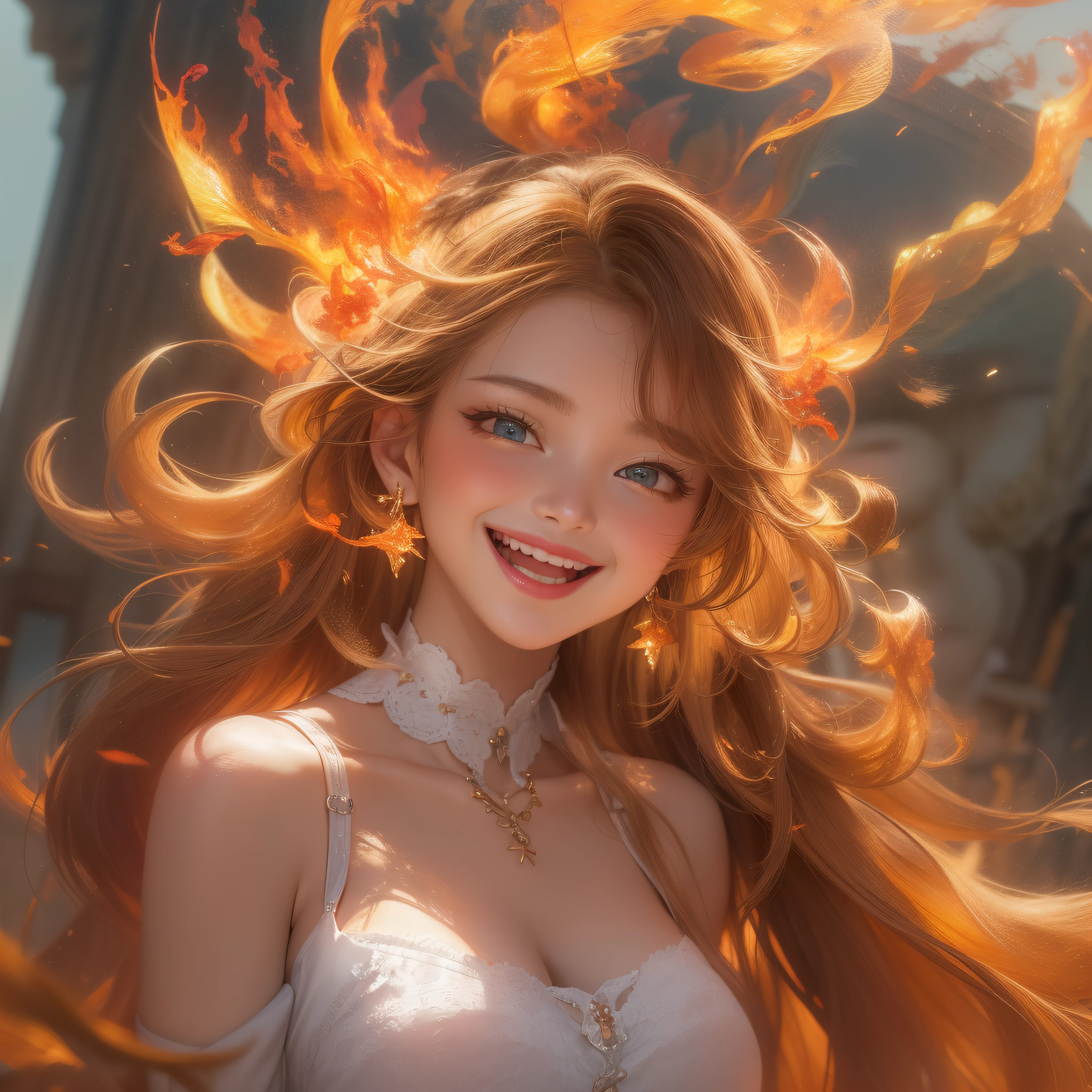 Close up of flame smile with open mouth、(realisitic、hight resolution)、(1 girl in)、Do-Up Eye、Korean Girl、(Best Quality), (masutepiece), (1girl in), Solo, a beauty girl, Perfect face, Big Breast,dreamlikeart、Highly detailed airbrush art((Surreal))、Volumetric lighting、(top-quality)、The ultra-detailliert、(The composition of the movement:1.4)、Highly detailed colorful details、(Bright lighting)、dynamic compositions、Ray traching、The mirror reflects light、Shallow depth of field、ultra-detailliert、mixing exposure、nffsw、Her eyes shine flames、Staring at the fiery sea。Her flame-colored face is、Full of adventure anticipation and courage.、A smile appears on her flame-colored lips。 At the rear、The sun is slowly tilting to the west。Its light brings a flame-colored light to the surface of the sea、The swaying waves create a beautiful scene。Her eyes are clearly glowing with flames。Lots of flame colors
