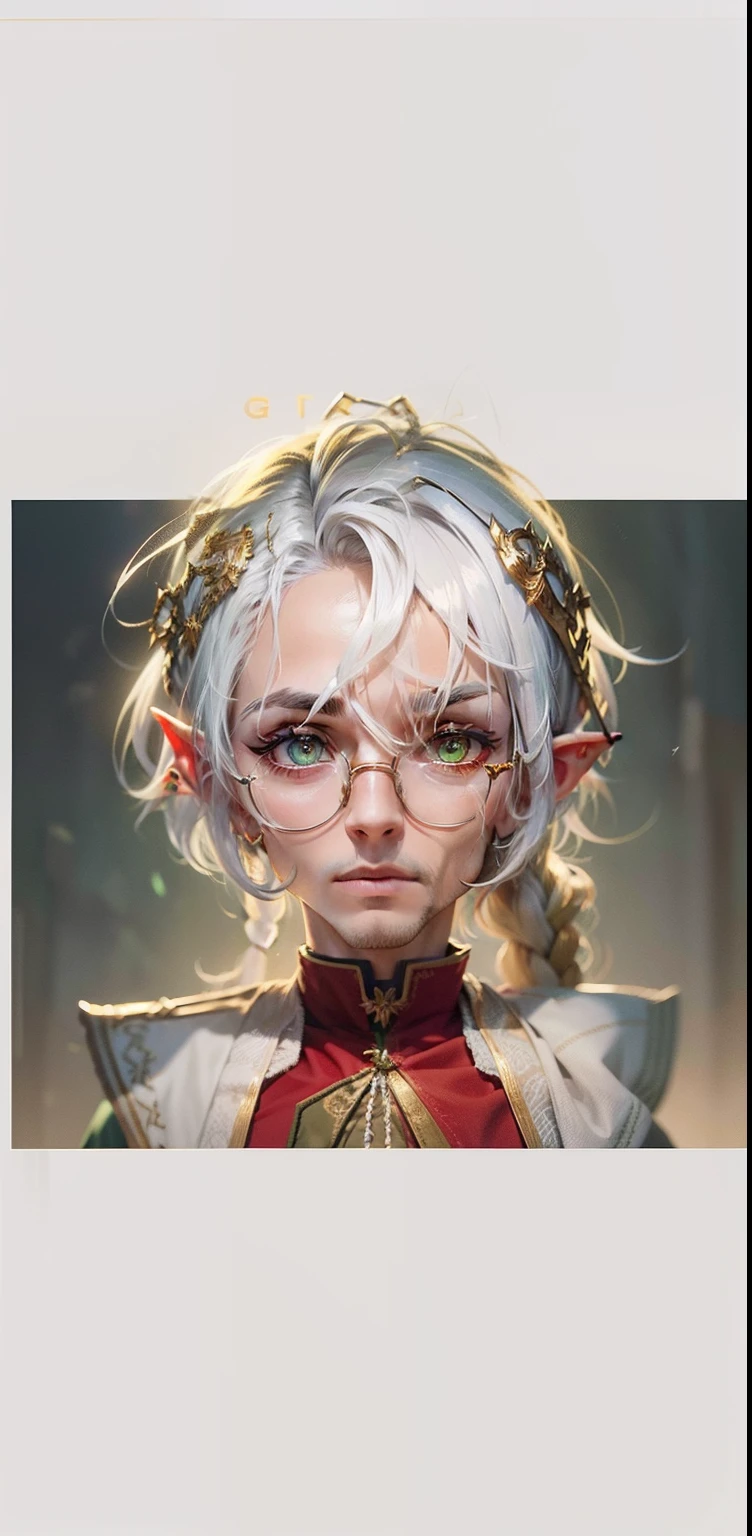 male people,Green wolf tail hair,Tie a small braid,Bangs three or seven points,There is a strand of white hair,The left eye is red,The right eye is green,ears of elf,With single-sided gold wireframe glasses,Wear a magician's robe