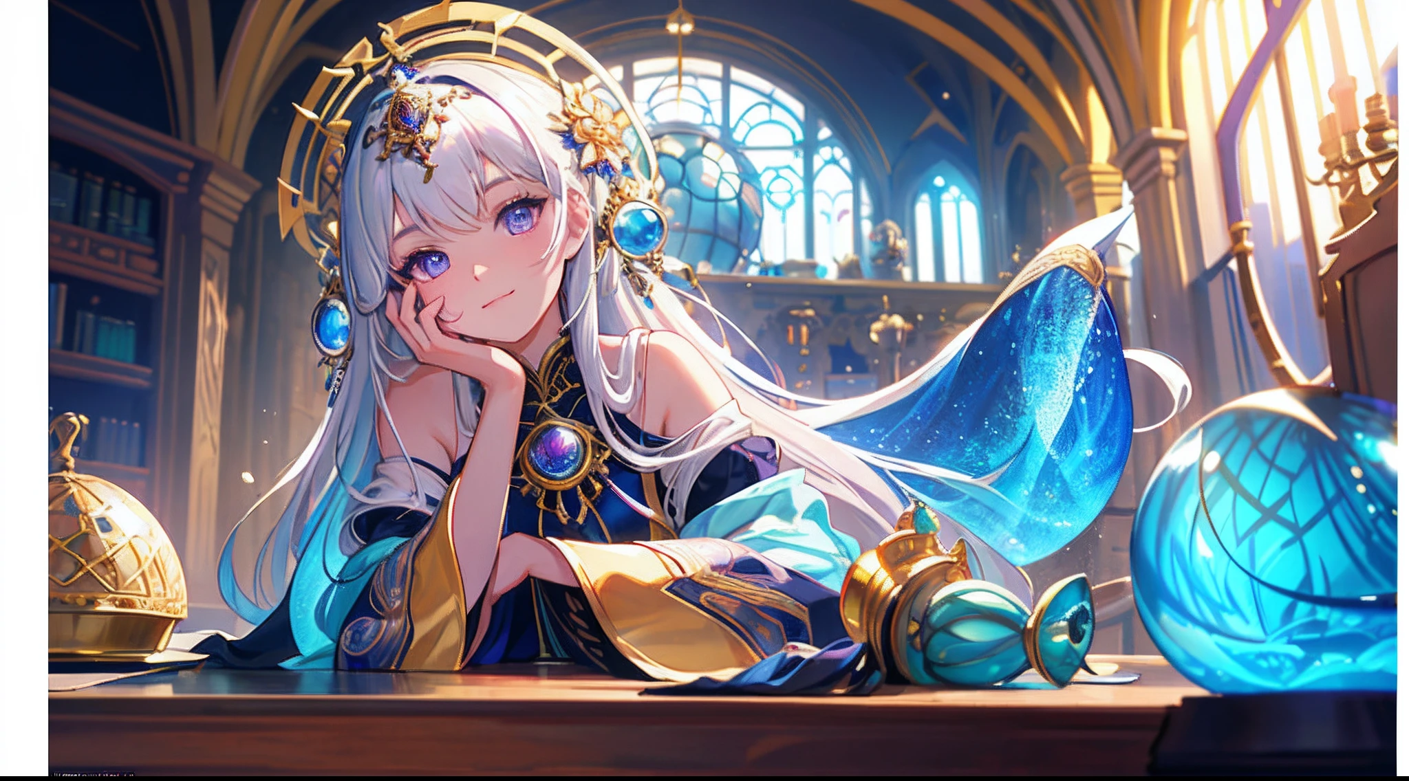 [(Transparent background:1.5)::5],(((Masterpiece))),(((Best quality))),(((Extremely detailed))),illustration, 1girll,Solo,mysterious,vivd colour,Shiny, Underwater transparent sealed hemispherical glass dome, (White hair),(Purple eyes),Barefoot,Long hair tranquility nature, Koi,Underwater, Dome,Close up,Dynamic actions,Lens perspective,(((Box composition))),sitting cross-legged，Leaning against the bookshelf, voluminetric lighting, multi colored eyes, Detailed eyes, ultra - detailed,Light smile, Highly detailed, small detailed, Ultra detailed, Best quality, Intricate, 4K, 8K, trending on artstationh, Good anatomy, Beautiful lighting, Award-winning,