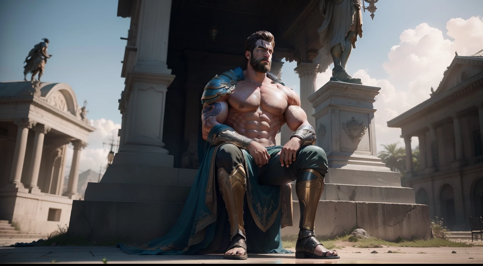 Image of a man sitting on a bench in front of a statue, filme ainda 8K, portrait of demigod hercules, na captura de tela do filme 300, Pose estoica, Retrato VFX altamente detalhado, Zack Snyder Cinematografia Estilo, Film Promotional Material, stoic, post-film process, epic cinematic still, cinematic 4k octane render, sem frases