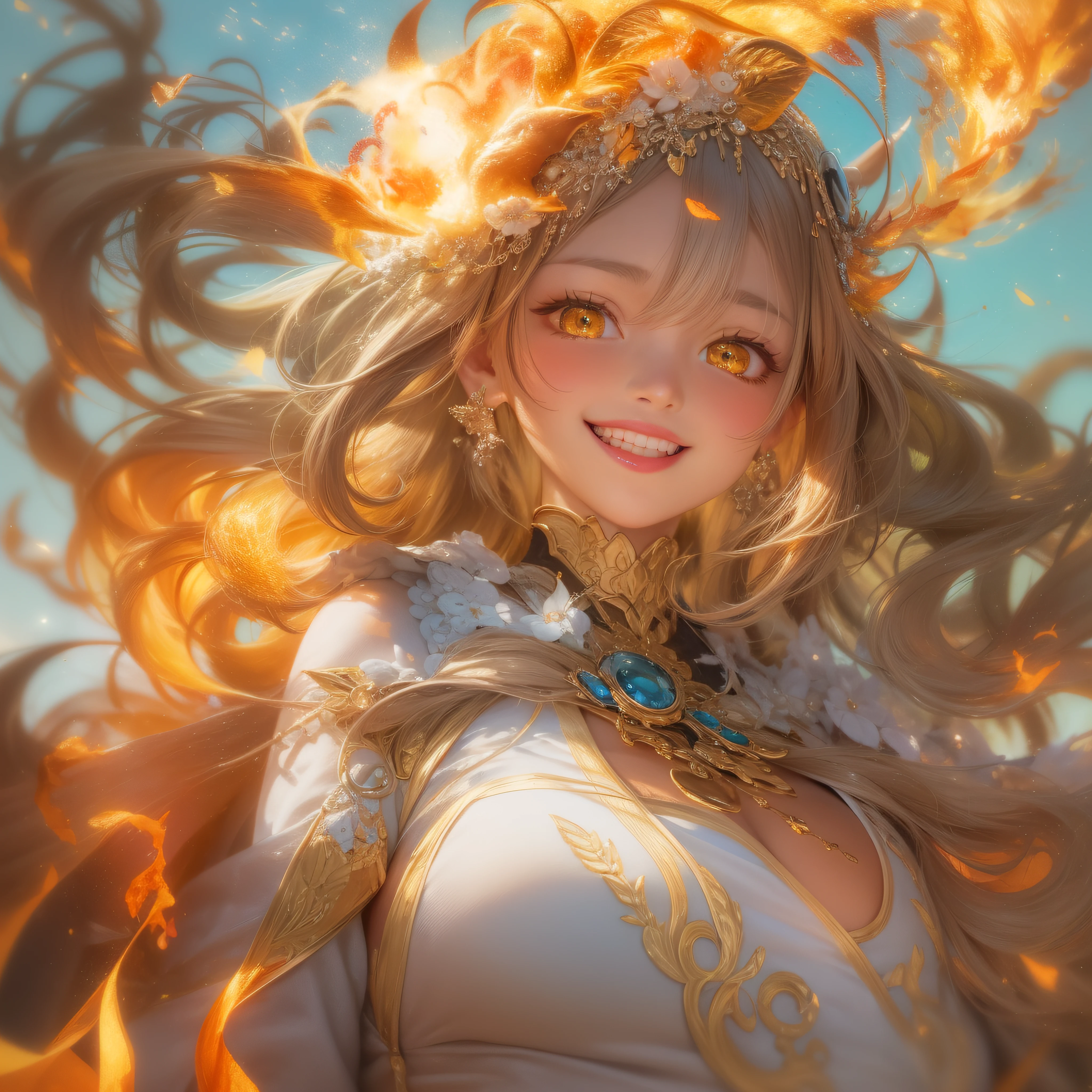 Close up of flame smile with open mouth、(realisitic、hight resolution)、(1 girl in)、Do-Up Eye、Korean Girl、(Best Quality), (masutepiece), (1girl in), Solo, a beauty girl, Perfect face, Big Breast,dreamlikeart、Highly detailed airbrush art((Surreal))、Volumetric lighting、(top-quality)、The ultra-detailliert、(The composition of the movement:1.4)、Highly detailed colorful details、(Bright lighting)、dynamic compositions、Ray traching、The mirror reflects light、Shallow depth of field、ultra-detailliert、mixing  exposure、nffsw、Her eyes shine flames、Staring at the fiery sea。Her flame-colored face is、Full of adventure anticipation and courage.、A smile appears on her flame-colored lips。 At the rear、The sun is slowly tilting to the west。Its light brings a flame-colored light to the surface of the sea、The swaying waves create a beautiful scene。Her eyes are clearly glowing with flames。Lots of flame colors