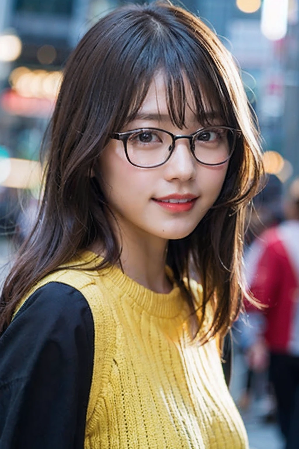 (8K、Raw photography、top-quality、masterpiece:1.2)、(realisitic、Photorealsitic:1.37)、ultra-detailliert、超A high resolution、女の子1人、see the beholder、beautifull detailed face、A smile、Constriction、(Slim waist) :1.3)、Yellow-green summer clothes、Beautiful detailed skin、Skin Texture、Floating hair、Professional Lighting、In the rainy city、Hair, clothes or skin are wet from rain、Black square glasses 、Whole human body、Brown hair