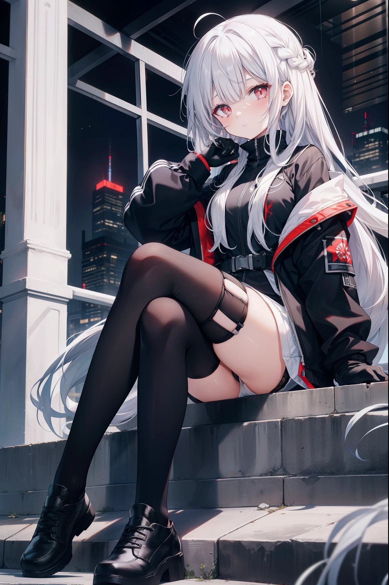 1girl,bishoujo,stare,red eyes,beautiful detailed eyes,long hair,white hair,silver_hair,Wing-like bangs,Dull hair,ahoge,Hair rings,braid, cold,bangs, black footwear, black gloves, gloves, grey eyes, jacket, long hair, long sleeves, looking at viewer, pantyhose, shoes, sitting, solo, very long hair, white legwear,Full Length Shot(FLS),