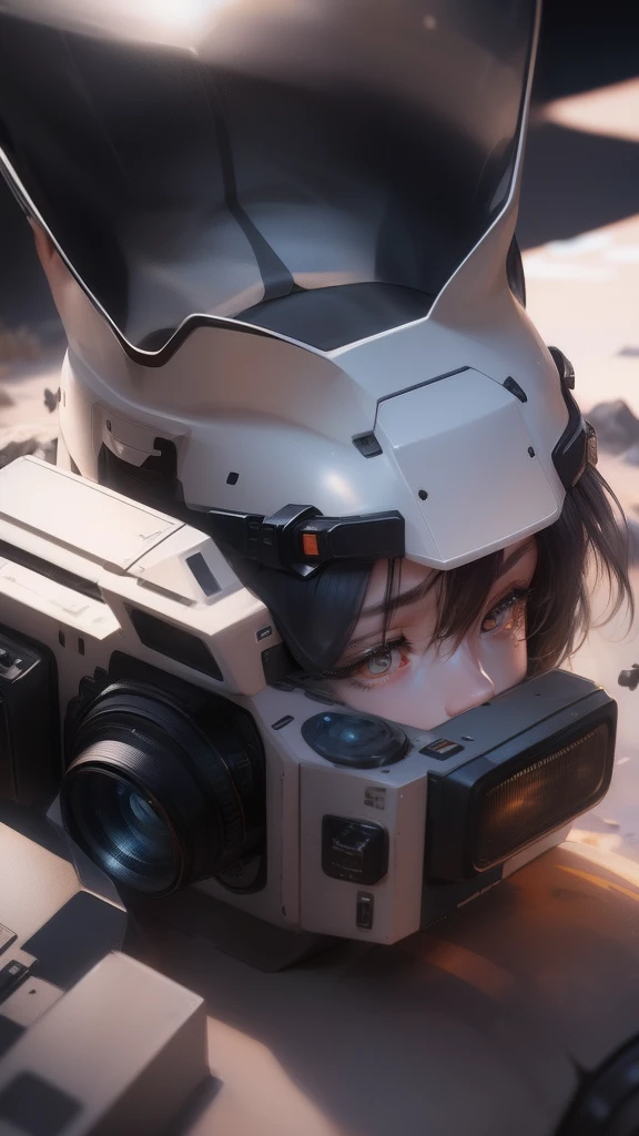 Overhead shot, (Pray for the tomboy:1.5)  in a desert, Perfect female face, With gray eyes, Skinny, Space Force camouflage net tight T-, Mix ginger stripes, Black and dark cutouts, Spotted uniform,  primitive, Sony Alpha A9 II, 24-105 mm F/4, hdr