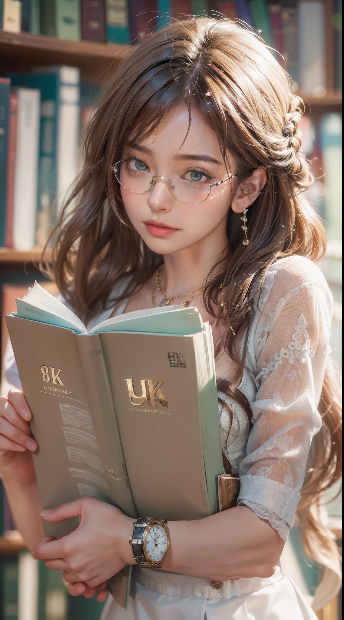 (((UHD))), (((masterpiece))), (((8k))), (((highres))), (((Surrealism))), (((cinematic lighting))), god rays, zoom layer, (((cowboy shot))), f/4.0, Canon,A quiet female student who loves reading, shiny skin,detailed skin,detailed face, detailed eyes, A library with a calm atmosphere,Thin, long brown hair, braided hair; intellectual glasses, white sheer blouse, light green long skirt, white shoes, simple wristwatch, necklace shaped like a book , Spacious reading area, natural light streaming in from large windows, and expansive bookshelves