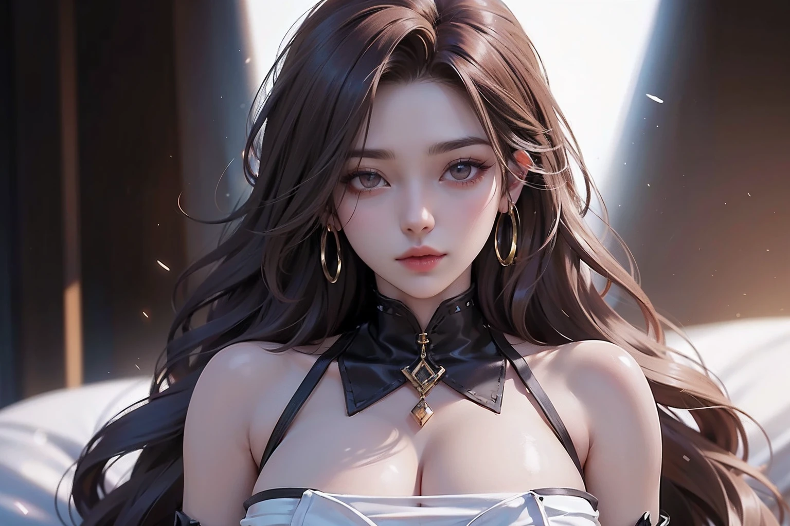 ((Realistic light、top-quality、8K、masterpiece:1.3))、1girl in、A pretty woman with perfect figure:1.4、abdominals:1.1、(brown haired、huge-breasted:1.5)、Arabic address:1.2、a bed、hyperdetailed face、A detailed eye、二重まぶた、perfect hands perfect fingers perfect breasts perfect hair perfect face perfect body