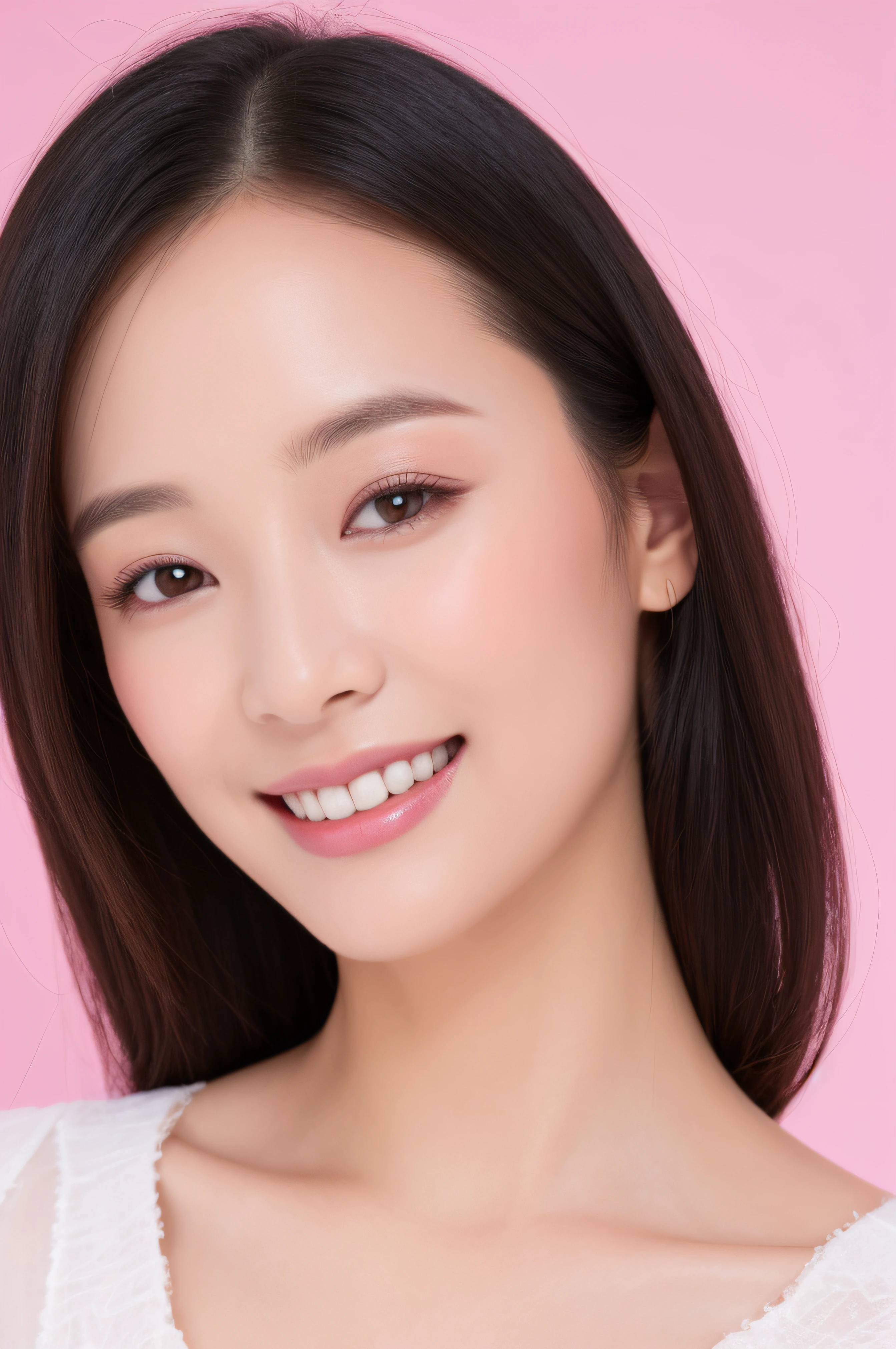 Female, 50 years old、Black hair、fashionGirl、beautidful eyes、authentic skin、real looking skin、A detailed eye、Adults、(8K、masterpiece:1.2)、(reallistic、Photorealsitic)、top-quality、realisitic、ighly detailed、Beautie、独奏、A Japanese Lady。a smile。ssmile。beautiful female model。Wears a white shirt。Close-up portrait。Healthy face。Skin Care Cosmetics。Bright pink background。