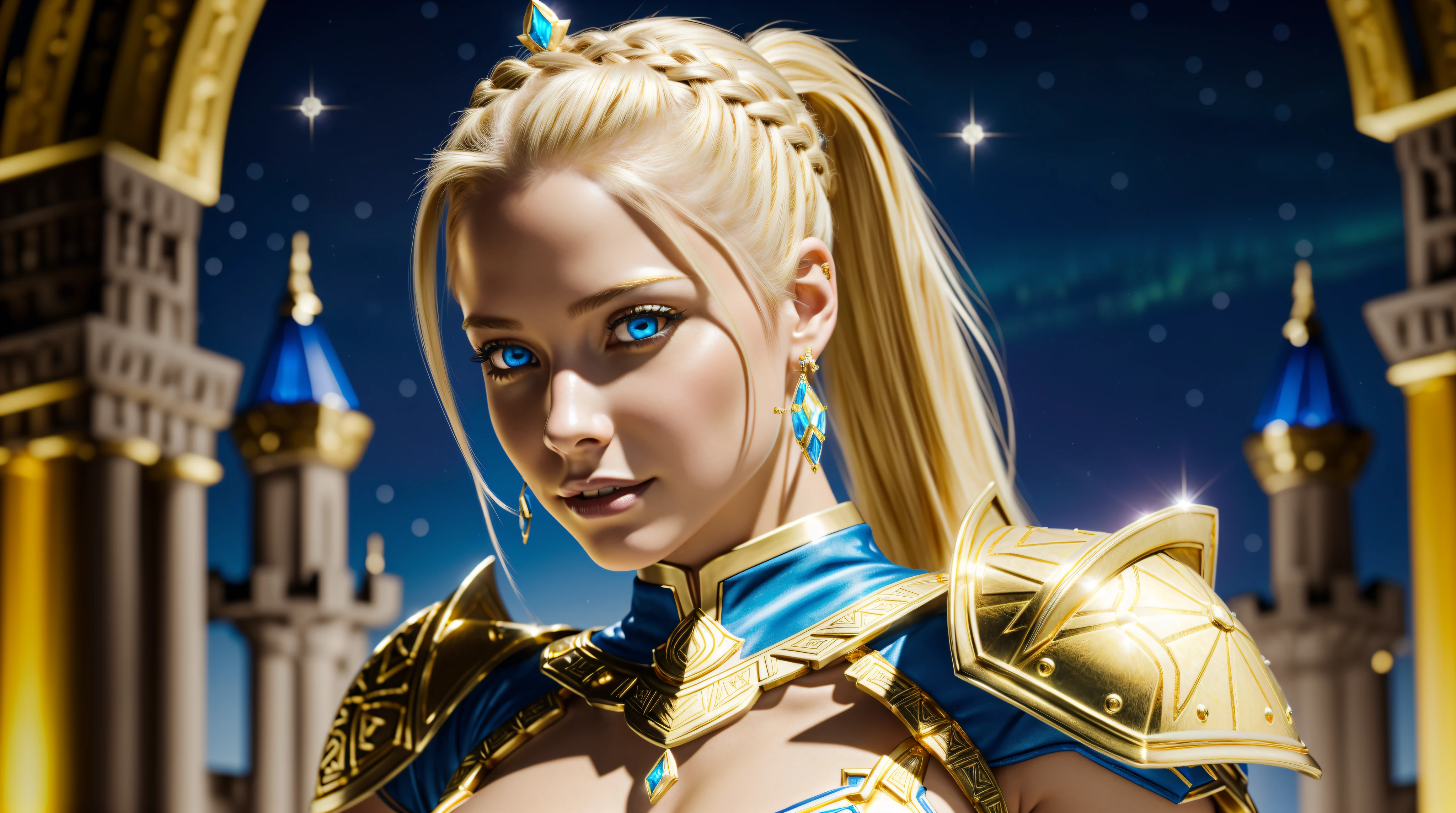 Solo, Avril Lavigne, (French Braided Ponytail sidecut), ((gold and blue aztec drop down breast plates armor:1.1)), gold and blue stockings, (gold royal diadem with glowing gem), (golden spear), skimpy, seductive, naughty smile, platinum blonde, (blonde:1.1), sexy, small chest, small breasts, small butt, highly detailed blue crystal eyes, ((realistic)), ultra detailed, ((real image)), ((realistic skin)), ((realistic face)), ((realistic body)), (beautiful:1.05), (beautiful detailed eyes:1.50), (cinematic light:1.1), (ultra high detailed eyes glow:1.50), (ultra photorealistic:1.3), tease, lying model pose, fashion model pose, model body, ((anatomically correct:1.1)), perfect body, correct body, hair over shoulder, aurora borealis, (medieval castle:1.1), (illustration:1.05), Realism, anatomically correct, masterpiece, super detail, best quality