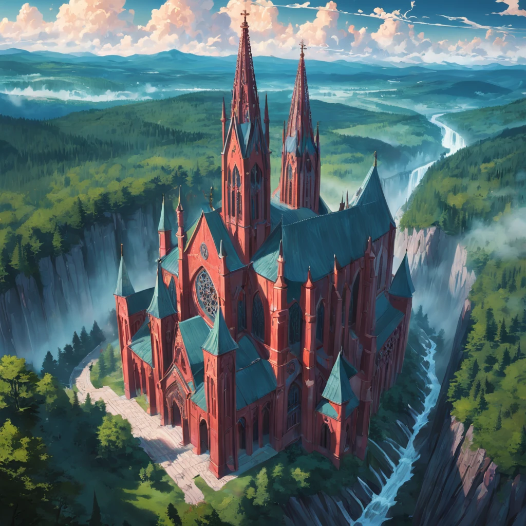 A huge tall Gothic cathedral made of red brick on a high hill in a coniferous forest, Hilly terrain, kali, flows next to the cathedral, Large cloudiness, Fog in the lowlands above the river, jour, high picture quality, High-definition image, max detail.