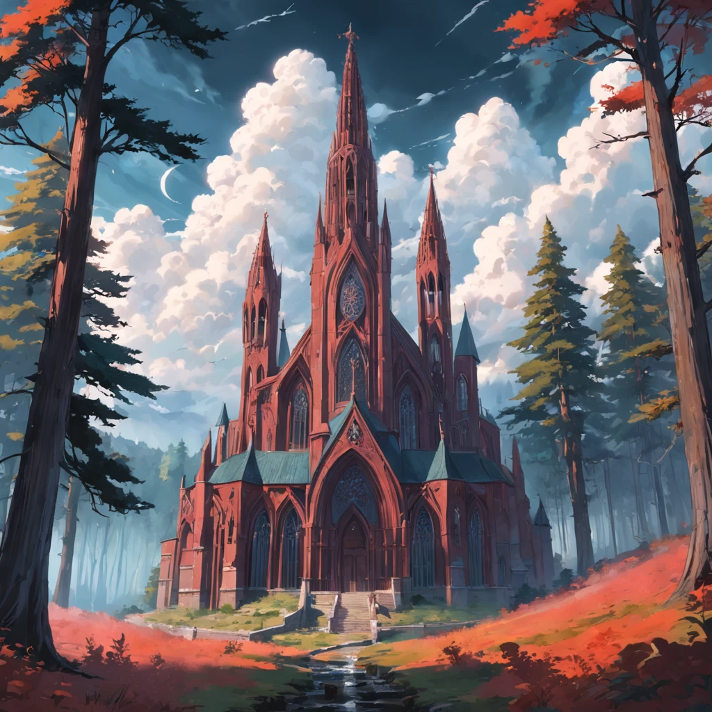 A huge tall Gothic cathedral made of red brick on a high hill in a coniferous forest, Hilly terrain, kali, flows next to the cathedral, Large cloudiness, Fog in the lowlands above the river, jour, high picture quality, High-definition image, max detail.