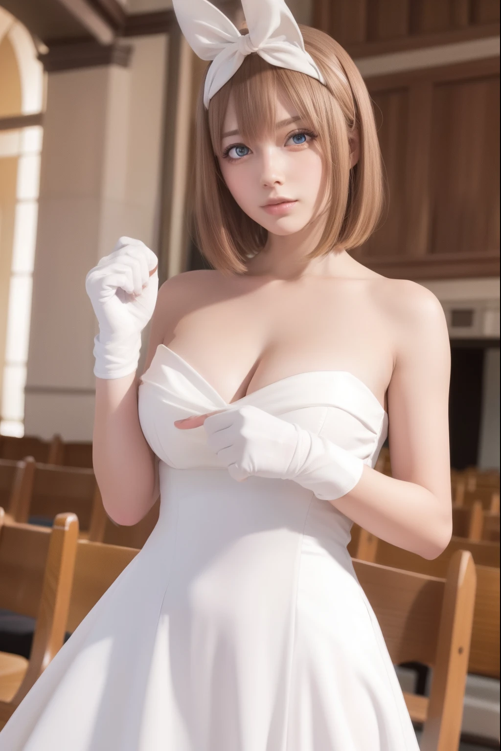 yotsubanakano, yotsuba nakano, bangs, short hair, blue eyes, hair between eyes, hair ribbon, hairband, orange hair, green ribbon,
BREAK gloves, dress, cleavage, bare shoulders, collarbone, elbow gloves, white gloves, white dress, strapless, tiara, veil, strapless dress, wedding dress, bridal veil,
BREAK indoors, church,
BREAK looking at viewer, BREAK (masterpiece:1.2), best quality, high resolution, unity 8k wallpaper, (illustration:0.8), (beautiful detailed eyes:1.6), extremely detailed face, perfect lighting, extremely detailed CG, (perfect hands, perfect anatomy),
