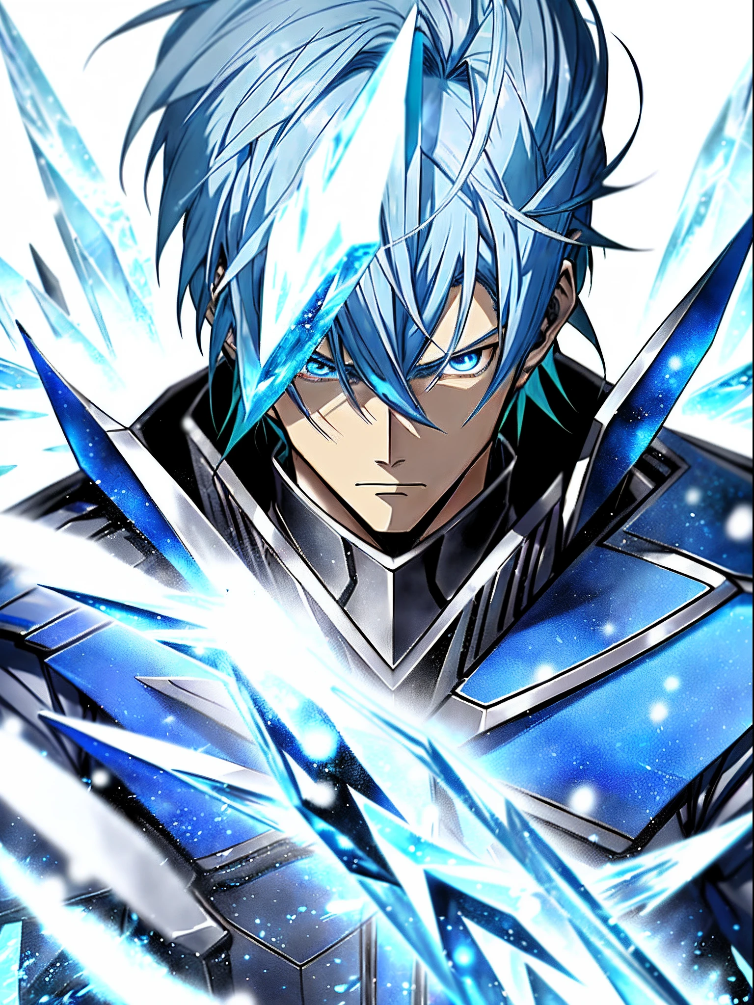 Anime characters with blue hair and blue eyes in snowy scenes, Ice Mage,  Tall anime guy with blue eyes, freezing blue skin, Key anime art, Kazuto Okada。, male anime character, Ice crystal armor, Detailed key anime art, full portrait of magical knight, blue and ice silver color armor, with ice powers
