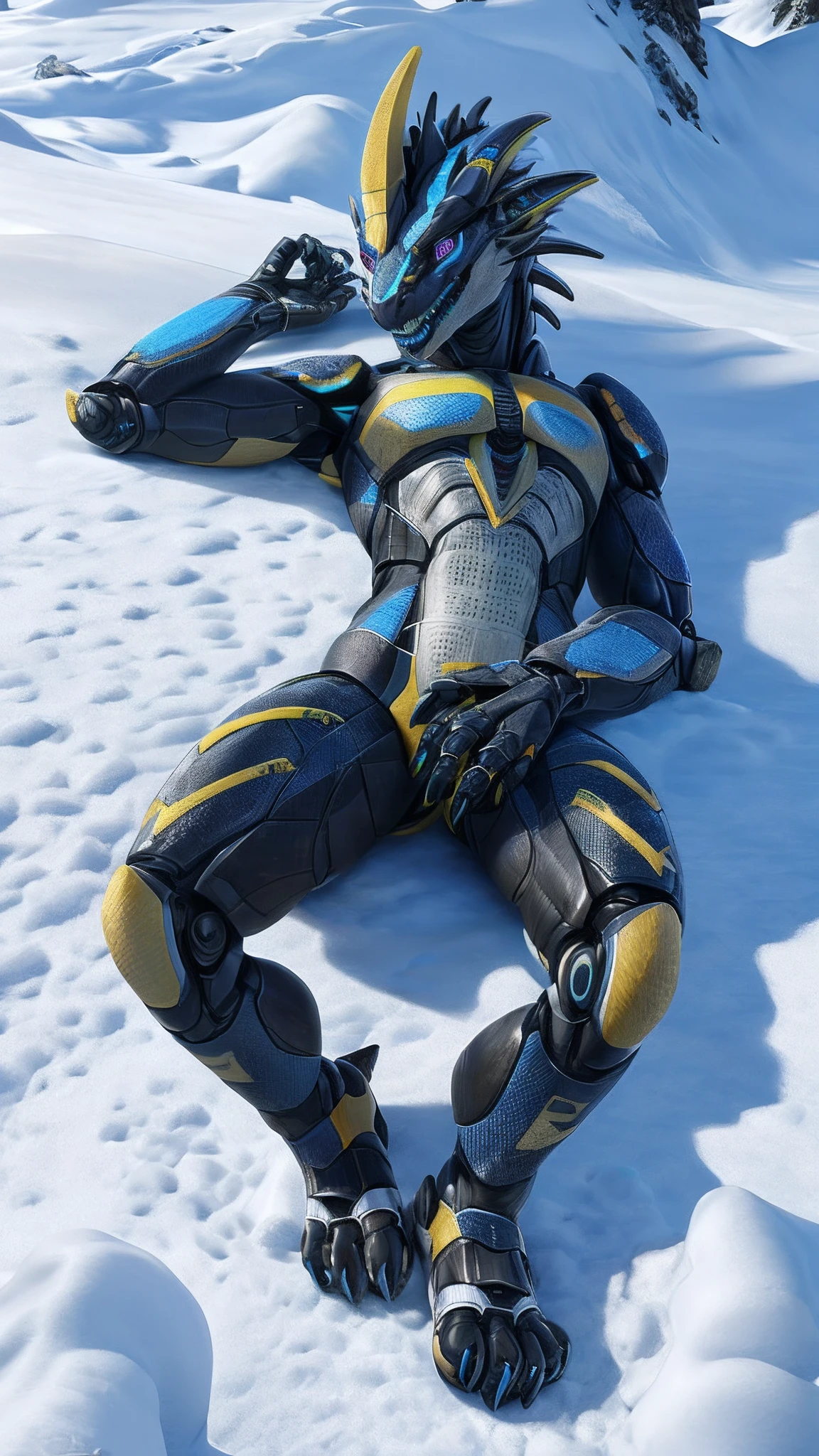 Bionic robot dragon,female,Android,Red Lingeri,sandals,Lying on the snow,HD graphics,Detailed and realistic,high detal,high qulity,photo-realistic,photorealistic eye,Detailed paws,Clear eyes,Masterpiece artwork,Five-fingered hands,top-quality,32k,hyper HD