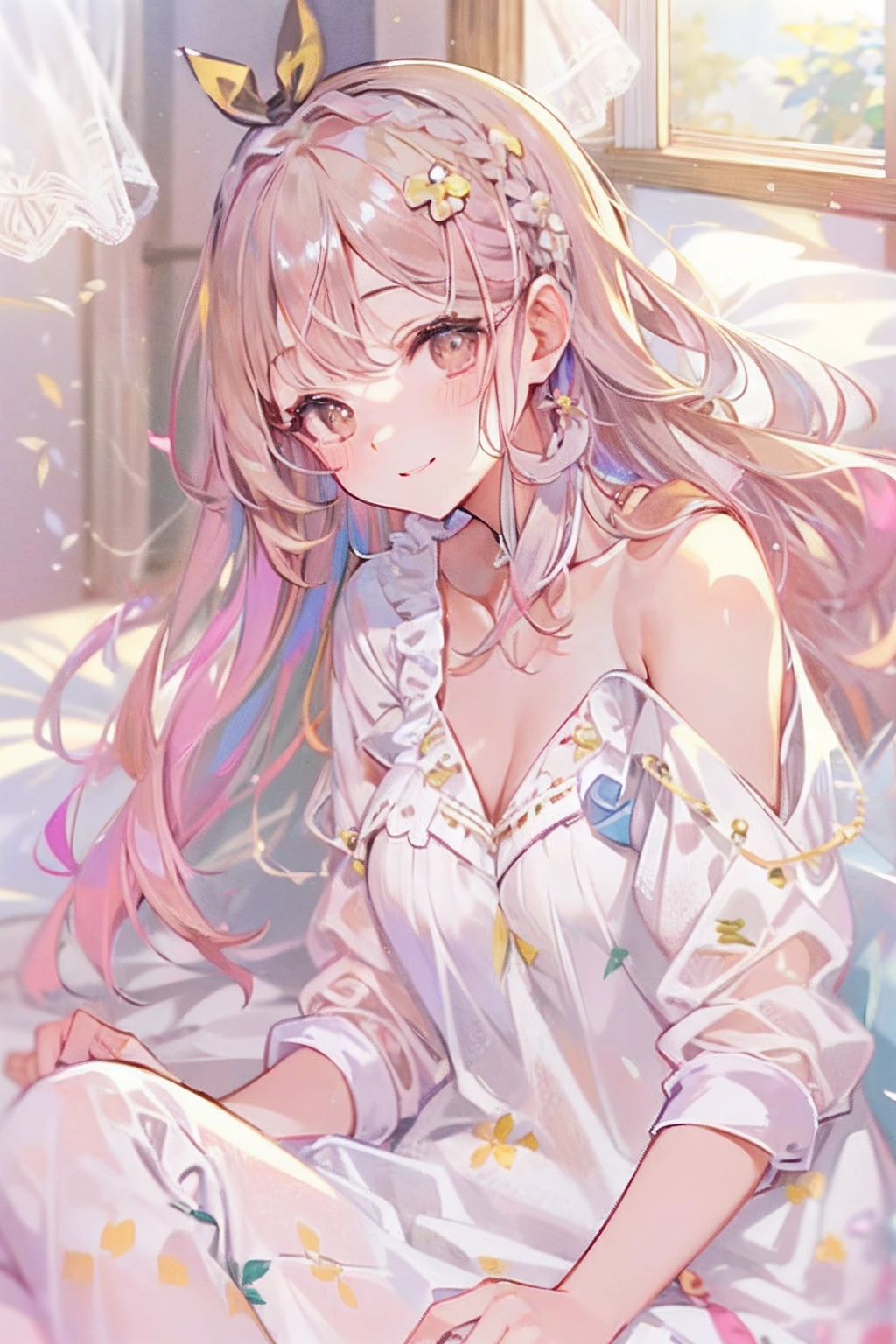 (((masterpiece)))、(((top-quality)))、((ultra-detailliert))、(illustratio)、((extremely delicate and beautiful))、Bright smile、floating、(Detailed light) 、The long-haired、The wind is blowing、A WORLD、(cute eye)、Crystal clear white skin、Functional、full body Esbian、、14years、(Hair color is shiight pink)、Cute Summer Pajamas、On a beautiful cute bed、Have a good morning kiss、While sleeping、Embarrassing