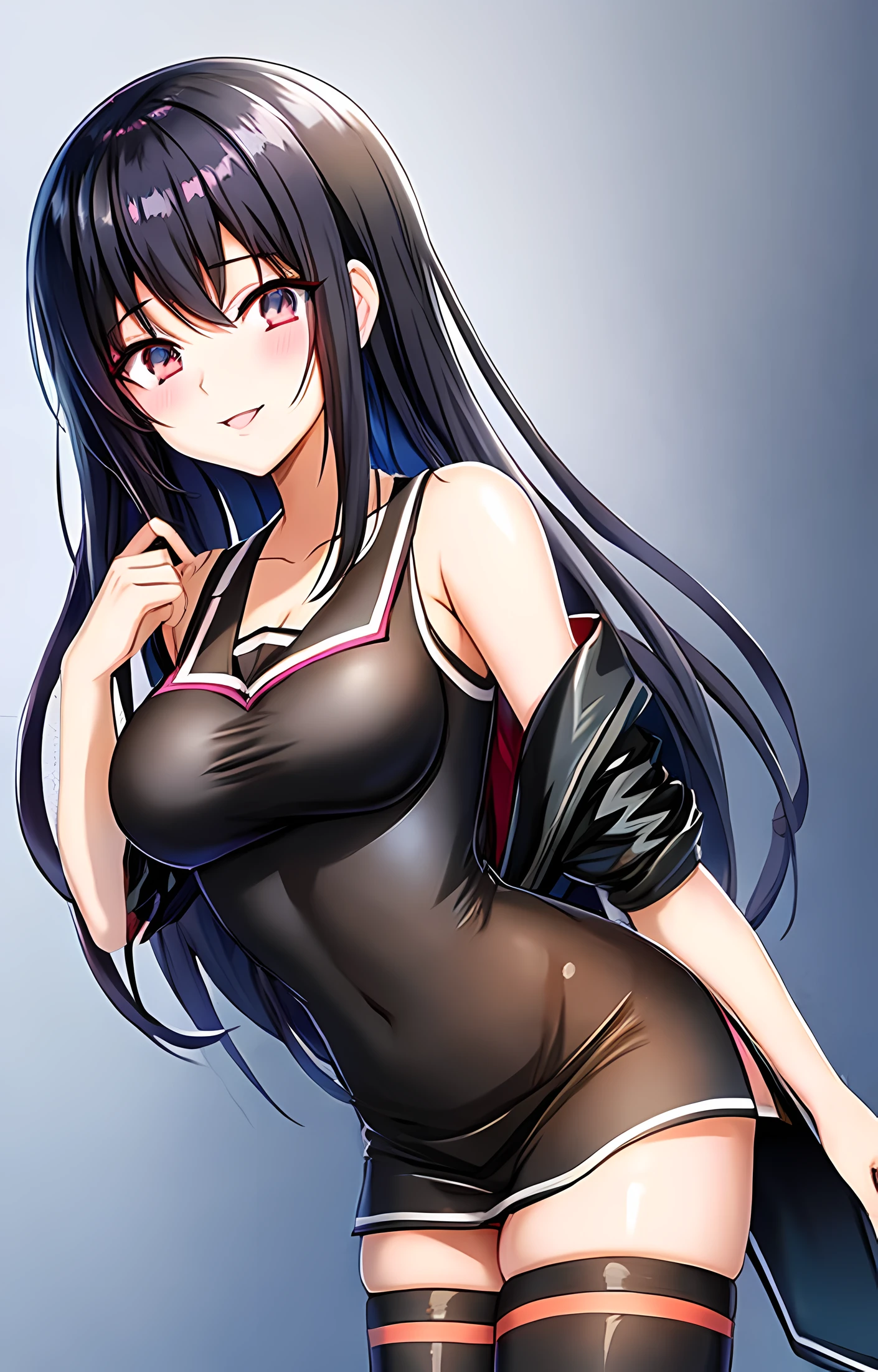 Anime girl with black hair and gray top poses for photo, Gapmoe Yandere, Hinata Hyuga, anime moe art style, yandere. tall, Nico Robin, shikamimi, yandere, gapmoe yandere grimdark, Ecchi anime style, [[[[grinning evily]]]], yuyushiki, harumi