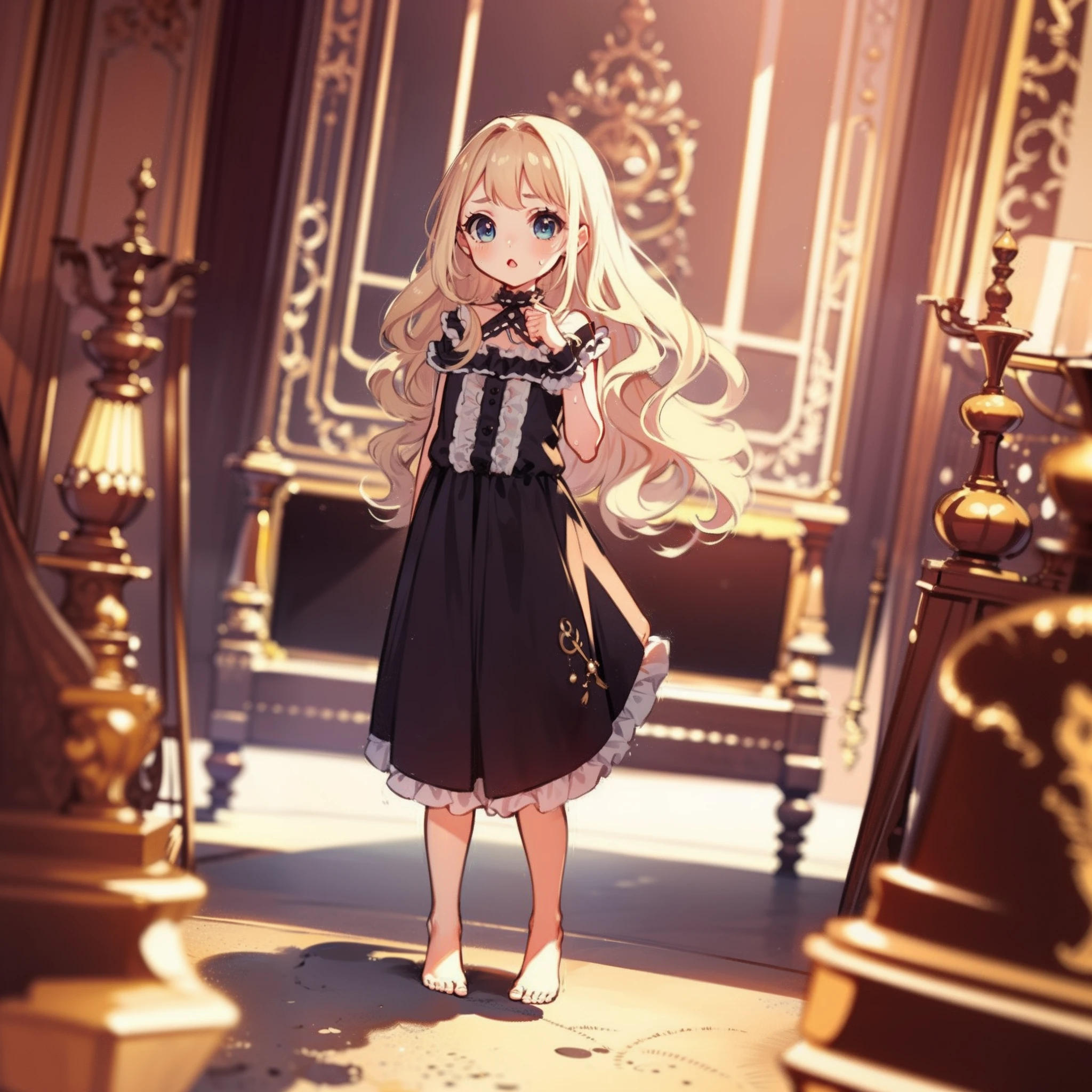 very cute female :1.1,10 yo,action:1.6,Gothic Lolita cloth:1.8,dutch angle shot,dynamic angle:1.6,ground-level shot,low angle,full body shot,medium shot,Barefoot,livingroom:1.5,Summer,day, Long hair,flat chest,Wind,Drooping sweat:1.1,(4K), (Raw photo: 1.2), (Realism: 1.4), (masutepiece: 1.3), (exquisite detailing: 1.2), Delicate and beautiful details, (Eye Detail), (Facial Detailed), (Highest Quality) :1.4), (Hyper-Resolution: 1.2),(very detailed illustration), Best Quality,depth of fields, Wide light, natural shadows