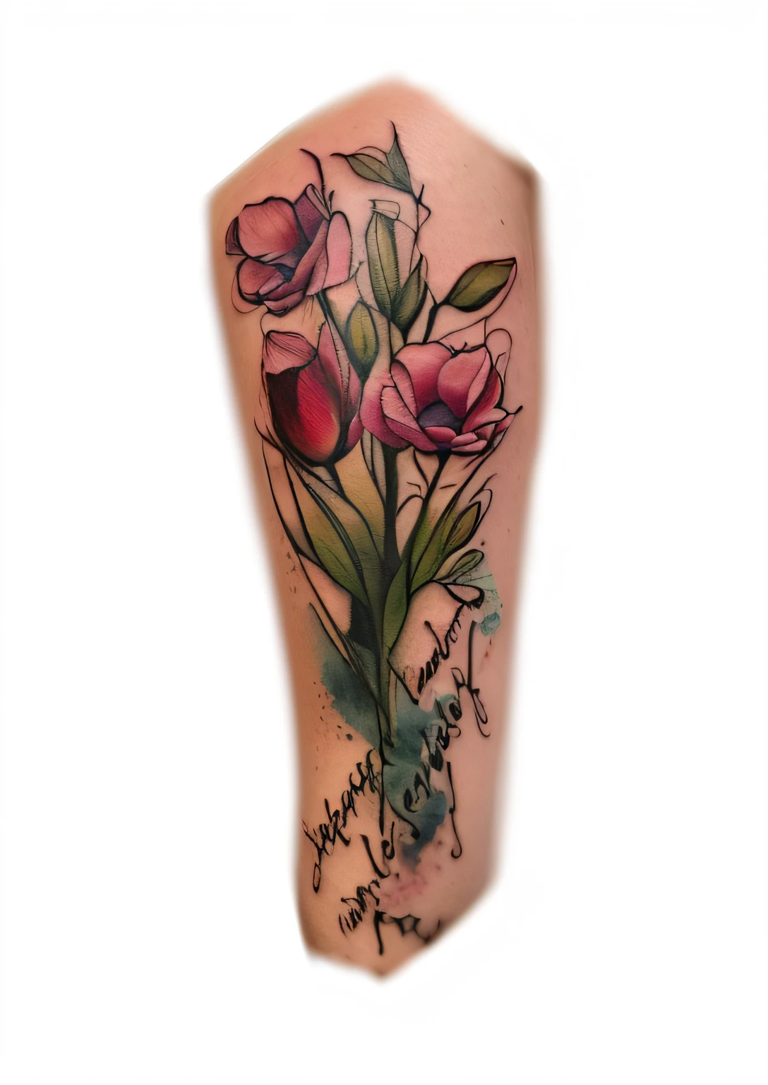 a closeup of a flower tattoo on a woman's arm, flores rosa e magenta, estilo abstrato, semescrita, fundo branco, Directed by: lotz karoly, flores detalhadas, very realistic, com tinta e cor, down left arm and back, Rosas e tulipas, tatuagem realismo, very detailed feel, tatuagem de rosa, Directed by: Alonso Vazquez, Directed by: Tom Wänerstrand, Directed by: Adam St. Peter's