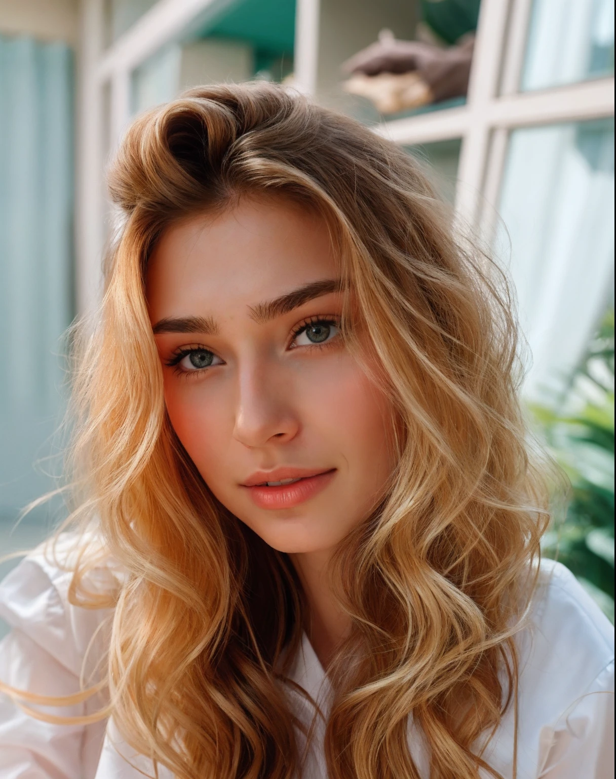 there is a woman with long hair and a white shirt, Anna Nikonova aka Newmilky, Yelena Belova, Taran Dasha, Anastasia Ovchinnikova, Olya Bossak, 18 anos, sem maquiagem, Pokimane, Angelina Stroganova, julia gorokhova, imagem vazada, sem maquiagem cabelo ondulado