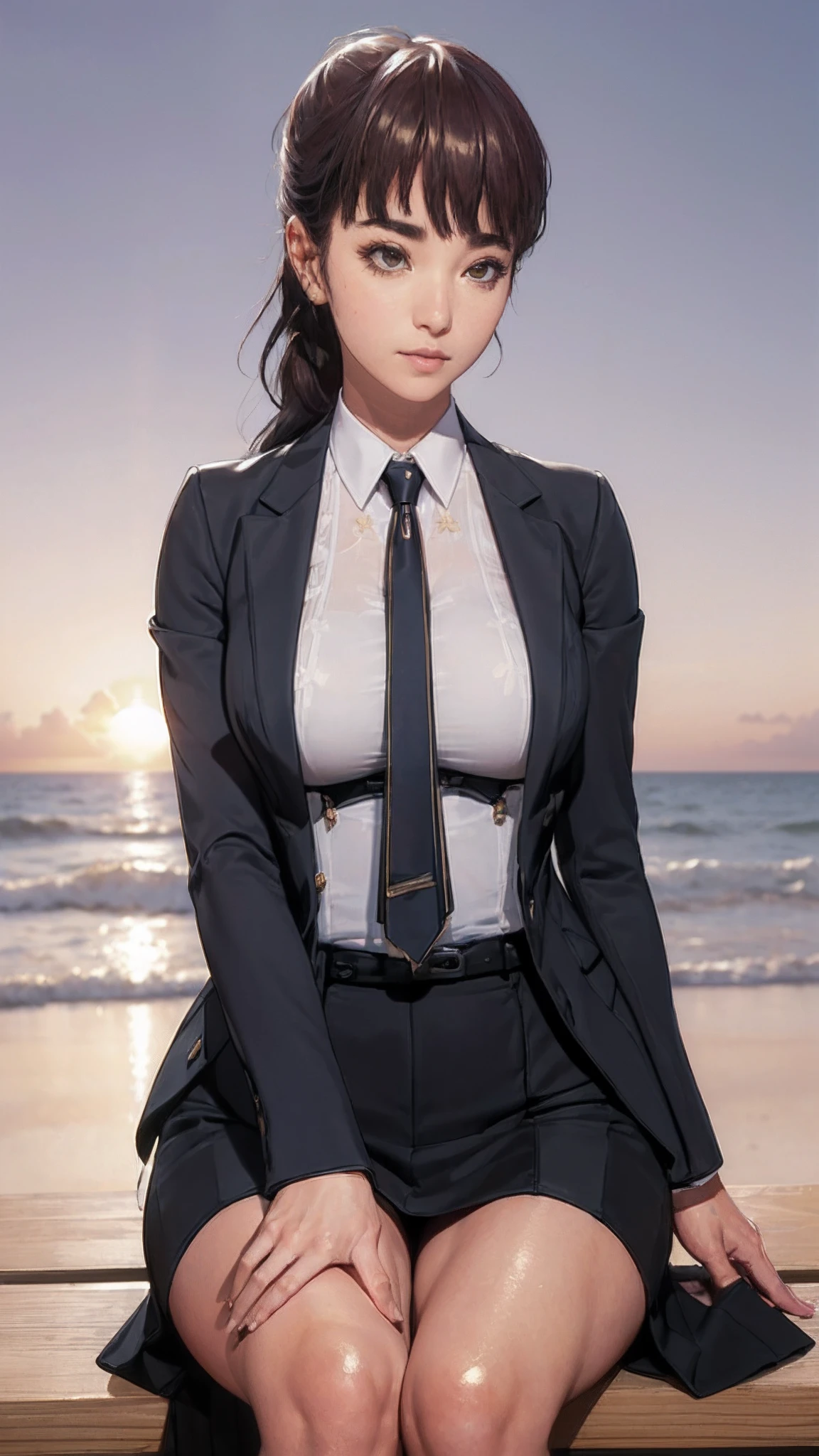 (((beautiful))), dolla, formal outfit, business suit, office working dress, huge breasts,(((shiny skin))), ((intricate details)), hdr, ((intricate details, hyperdetailed)), cinematic shot, (((sitting in beach, sunset))), vignette, art by alphonso mucha