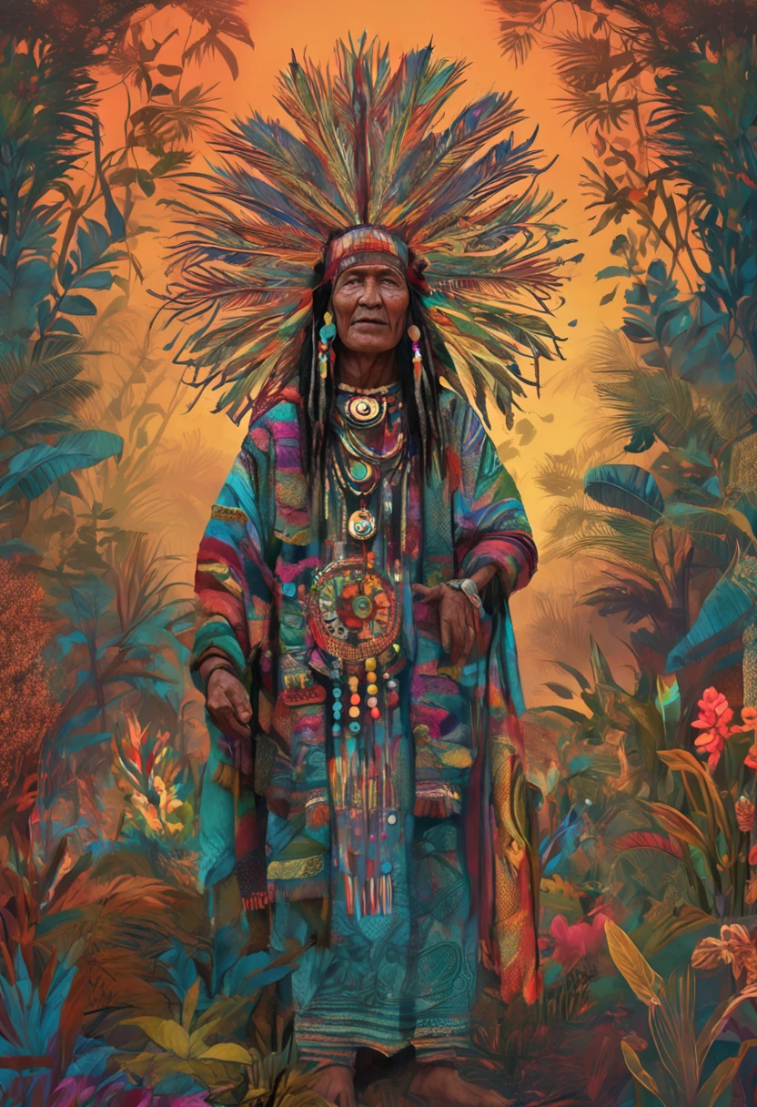 A lovely clearing during twilight, shamans in intricate ceremonial costumes. As luzes iluminam seus rostos, revealing expressions of reverence and focus. The air is filled with the smell of herbs. The atmosphere exudes a sense of ancient wisdom and connection to nature, capturado em uma pintura digital detalhada e vibrante, The image should contain several people