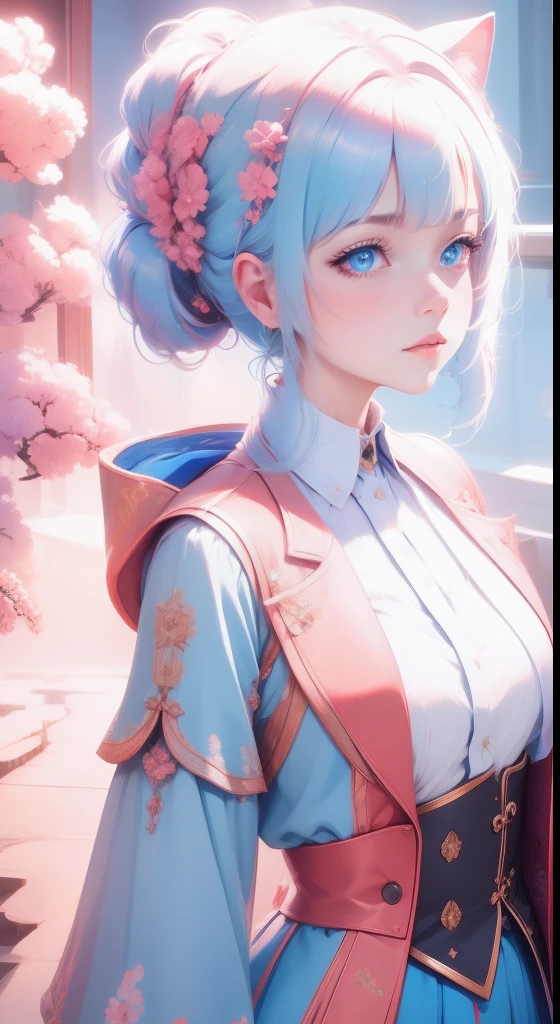 Ukrainian girl , Ukrainian anime girl , The whole body consists of a young girl with messy light blonde hair, Eye makeup, , Cat ears, Soft lighting, Solo, Wear shabby clothes, Dirty, Tattered futuristic military uniform, Cat's paw badge, Pose, spot color, rendering by octane, Ultra-realistic intricate details, Cinematic, 8K resolution, 70mm, emphasis lighting, Global illumination, Full body portrait, clean detailed faces, Complex clothing, Cute face, Flat chest, Slim waist, Slim legs, Small hips