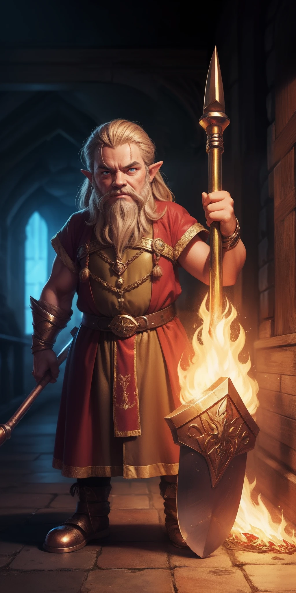 A dwarf with fiery eyes, With a huge magic hammer, Metallic skin