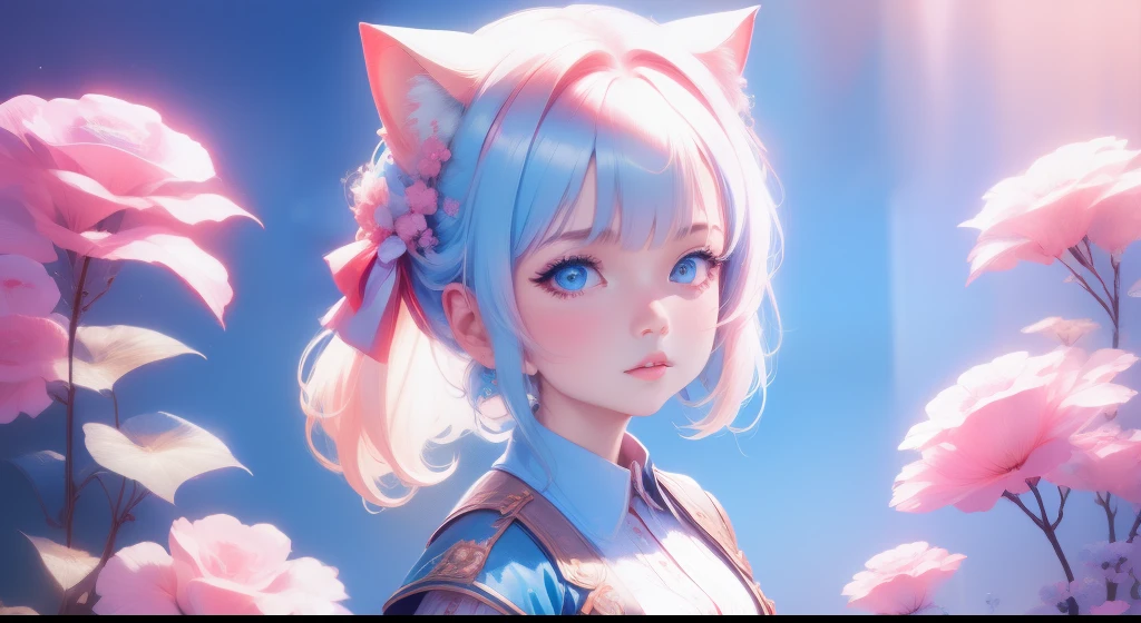 Ukrainian girl , Ukrainian anime girl , The whole body consists of a young girl with messy light blonde hair, Eye makeup, , Cat ears, Soft lighting, Solo, Wear shabby clothes, Dirty, Tattered futuristic military uniform, Cat's paw badge, Pose, spot color, rendering by octane, Ultra-realistic intricate details, Cinematic, 8K resolution, 70mm, emphasis lighting, Global illumination, Full body portrait, clean detailed faces, Complex clothing, Cute face, Flat chest, Slim waist, Slim legs, Small hips