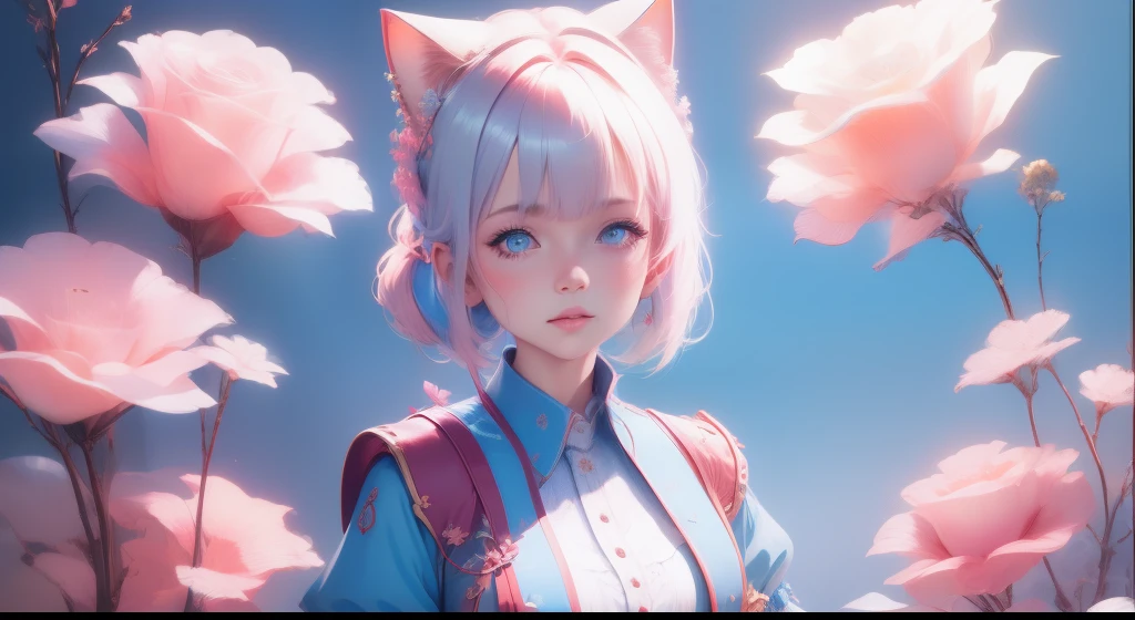 Ukrainian girl , Ukrainian anime girl , The whole body consists of a young girl with messy light blonde hair, Eye makeup, 11yo, Cat ears, Soft lighting, Solo, Wear shabby clothes, Dirty, Tattered futuristic military uniform, Cat's paw badge, Pose, spot color, rendering by octane, Ultra-realistic intricate details, Cinematic, 8K resolution, 70mm, emphasis lighting, Global illumination, Full body portrait, clean detailed faces, Complex clothing, Cute face, Flat chest, Slim waist, Slim legs, Small hips