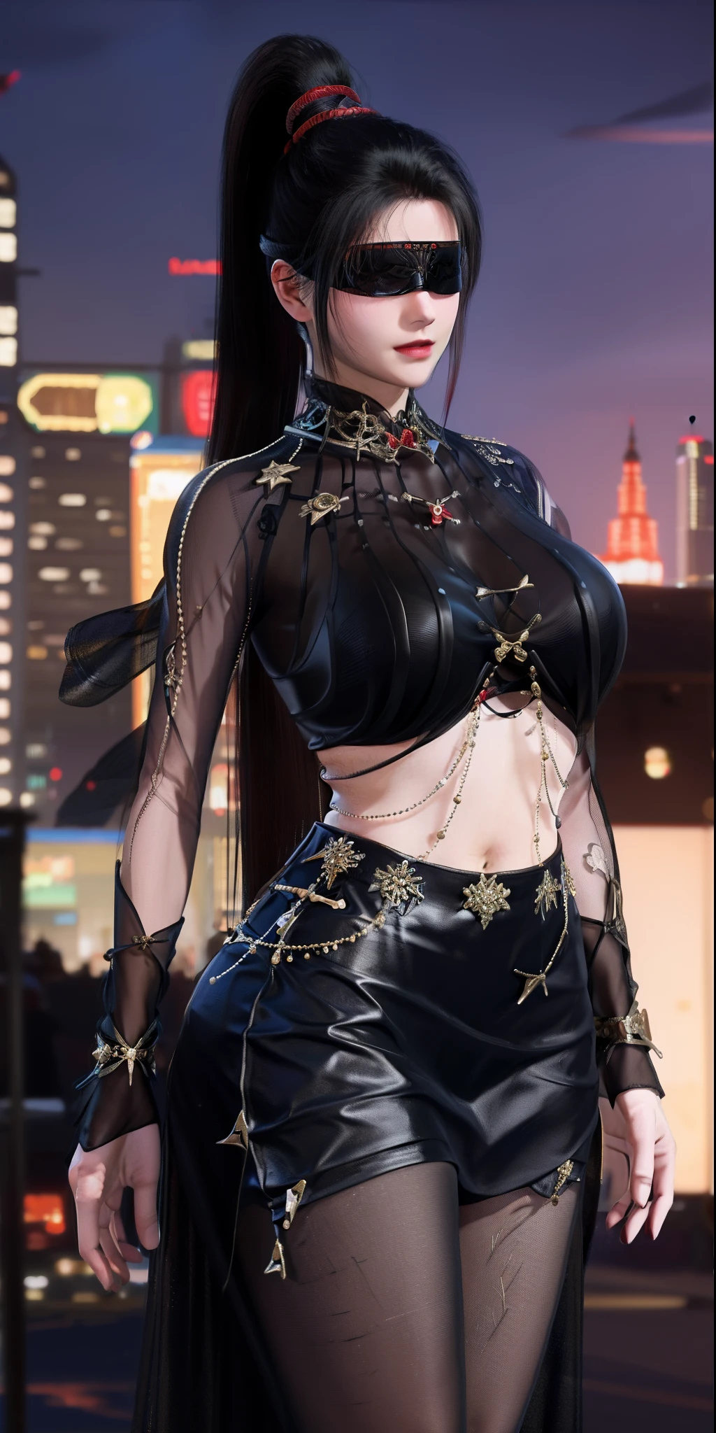 1girll,（full bodyesbian），Mature female, YJW Jinning Red Industry XXJZZJ,Cityscape, Night,jewelry, Blindfold, High ponytail, Pantyhose, Cowboy shot, ribbon,