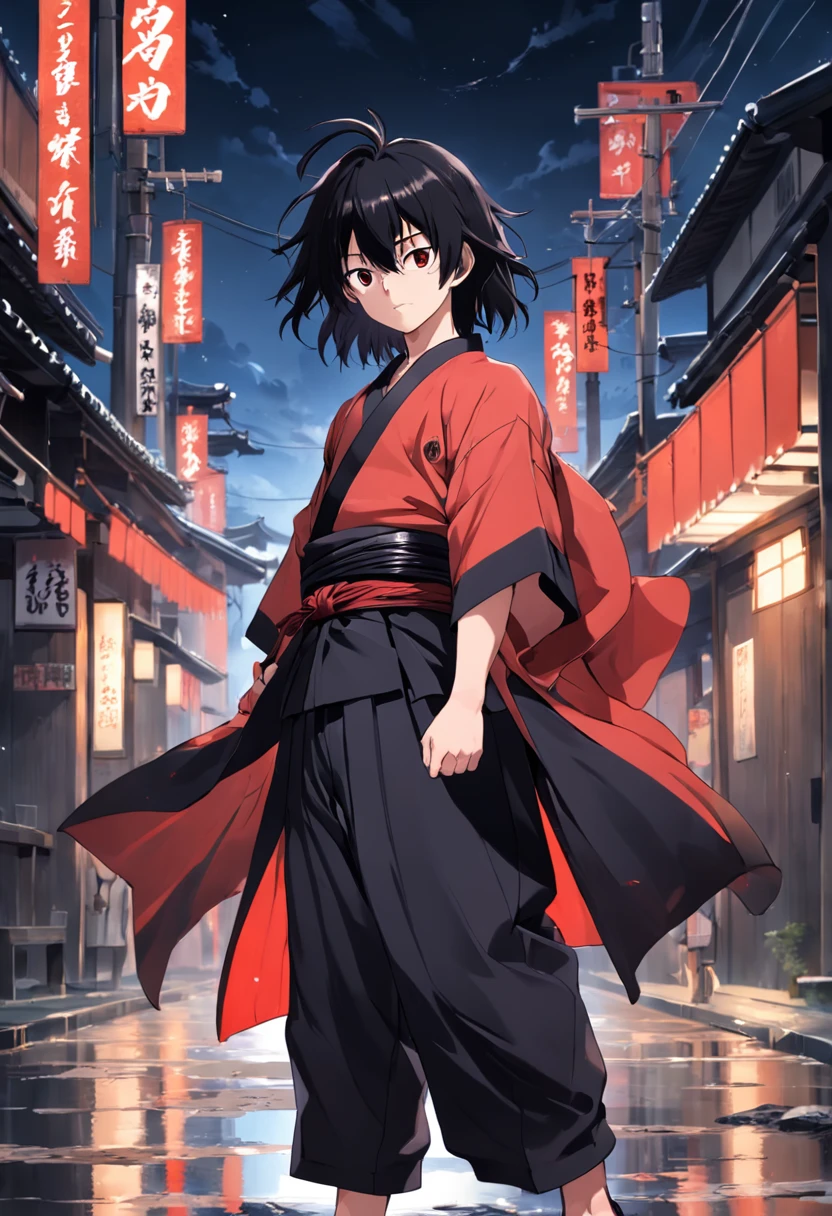 A 17-year-old boy,Height 177cm,black color hair,With bangs,Slightly longer hair,The eyes are crimson,Inside he wore a black top,Wear loose black kendo pants,The outside is covered with black haori,It has red maple leaves on it,which stands on the street,Handsome