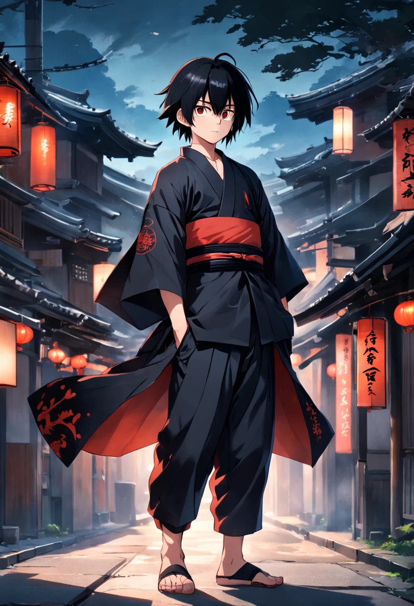 A 17-year-old boy,Height 177cm,black color hair,With bangs,Slightly longer hair,The eyes are crimson,Inside he wore a black top,Wear loose black kendo pants,The outside is covered with black haori,It has red maple leaves on it,which stands on the street,Handsome